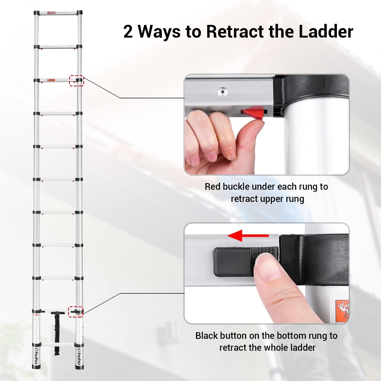 image:imageOhuhu 105 FT Aluminum Telescoping Ladder ANSI Certified OneButton Retraction Heavy Duty Extension Ladders Collapsible Ladder with Safe Slow Restoring for Roof RV Loft House