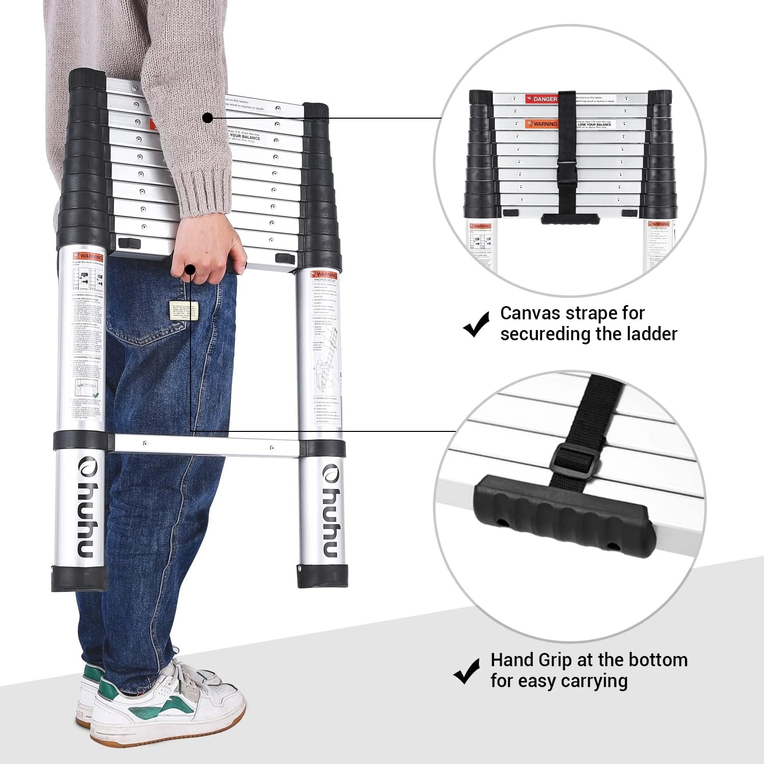 image:imageOhuhu 105 FT Aluminum Telescoping Ladder ANSI Certified OneButton Retraction Heavy Duty Extension Ladders Collapsible Ladder with Safe Slow Restoring for Roof RV Loft House