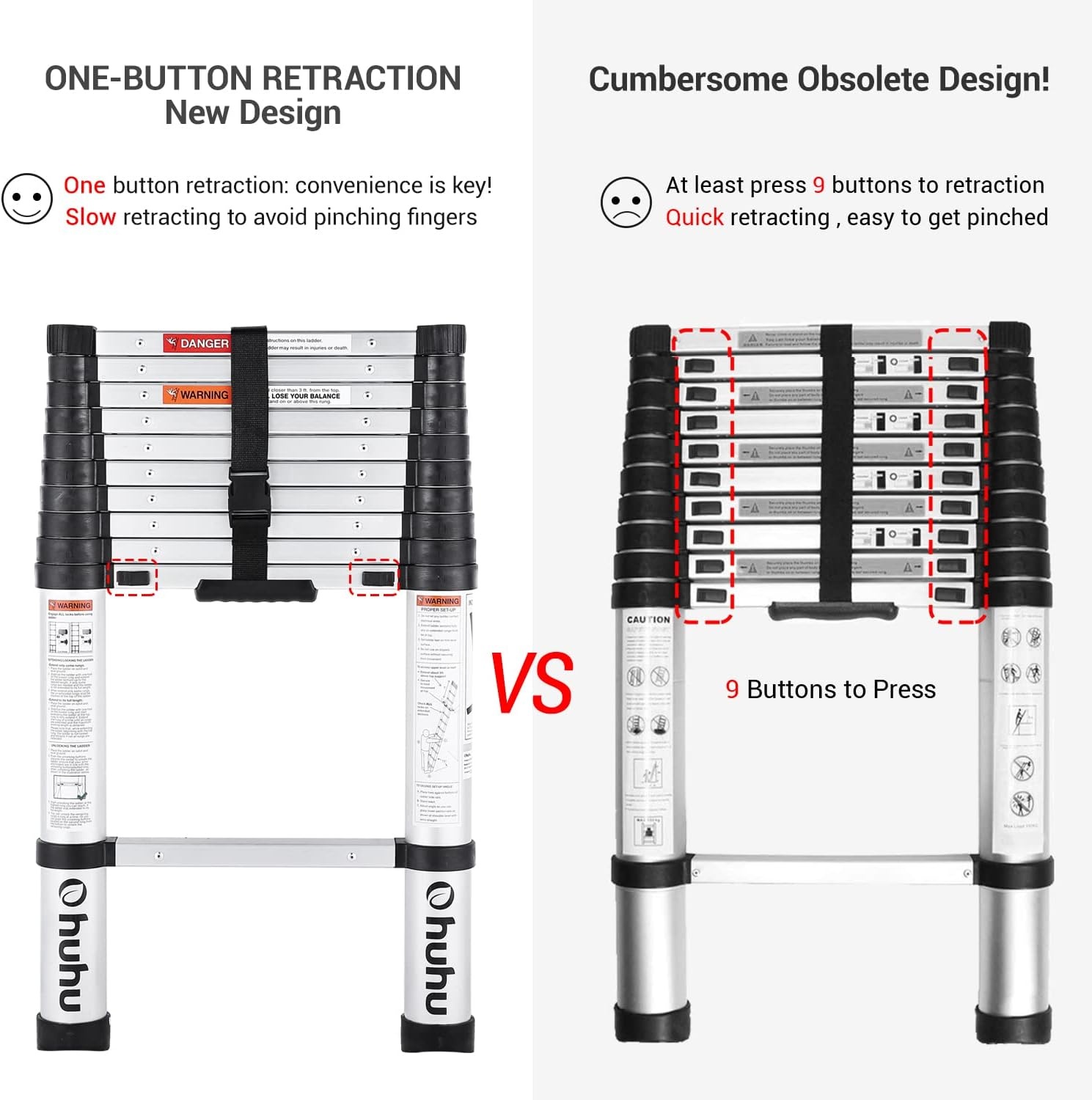 image:imageOhuhu 105 FT Aluminum Telescoping Ladder ANSI Certified OneButton Retraction Heavy Duty Extension Ladders Collapsible Ladder with Safe Slow Restoring for Roof RV Loft House
