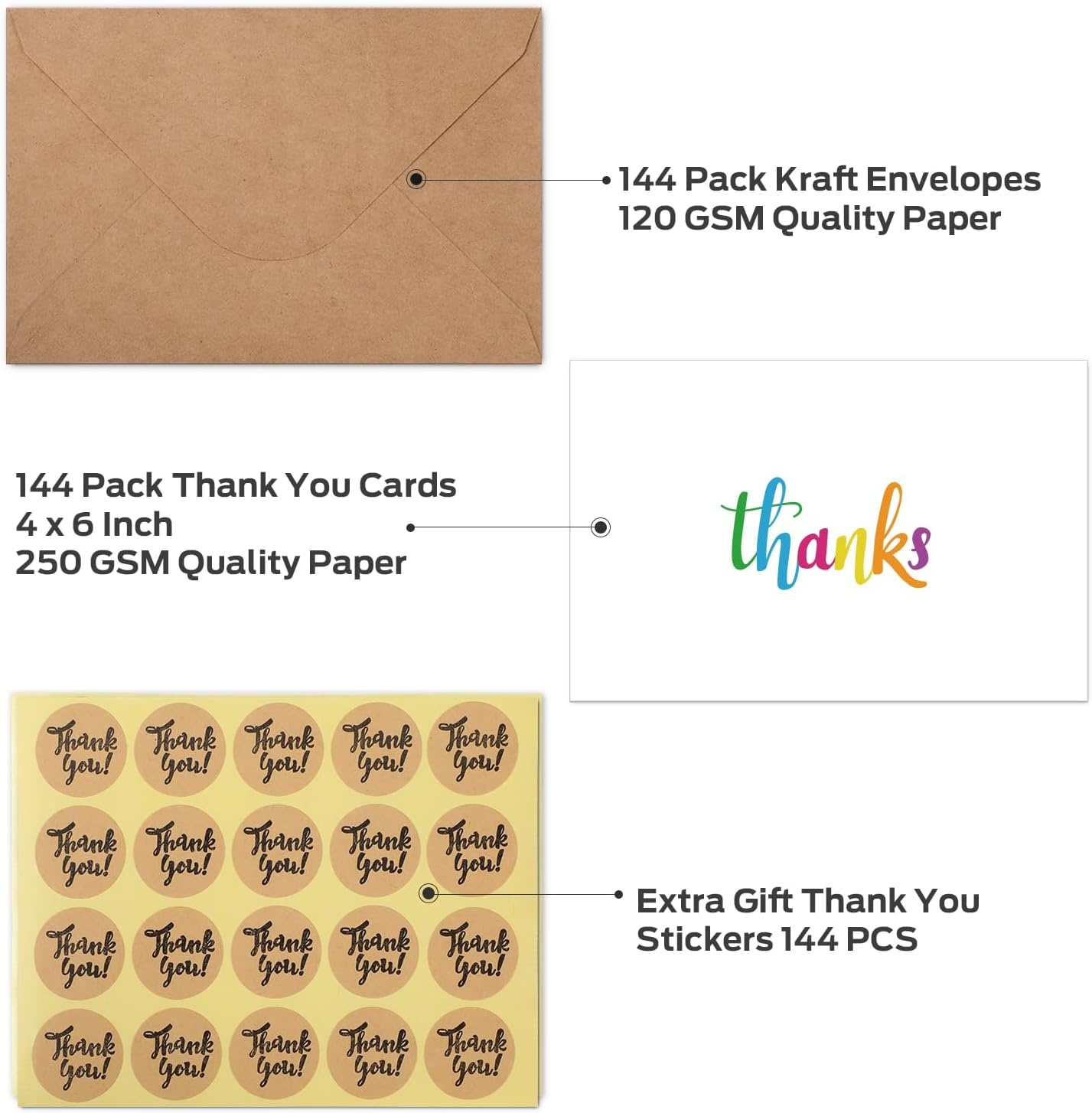 image:imageOhuhu 144 Bulk Thank You Cards with Envelopes Thank You Notes Box Set with Elegant 8 Rainbow Colorful Designs Greeting Card for Wedding Business Birthday Baby Shower Blank Inside 4 x 6 Inch144
