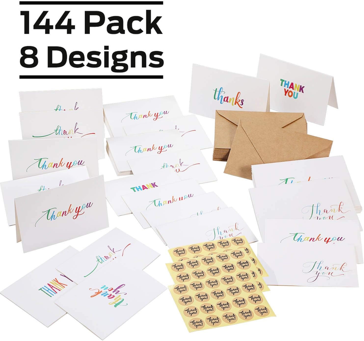 image:imageOhuhu 144 Bulk Thank You Cards with Envelopes Thank You Notes Box Set with Elegant 8 Rainbow Colorful Designs Greeting Card for Wedding Business Birthday Baby Shower Blank Inside 4 x 6 Inch144
