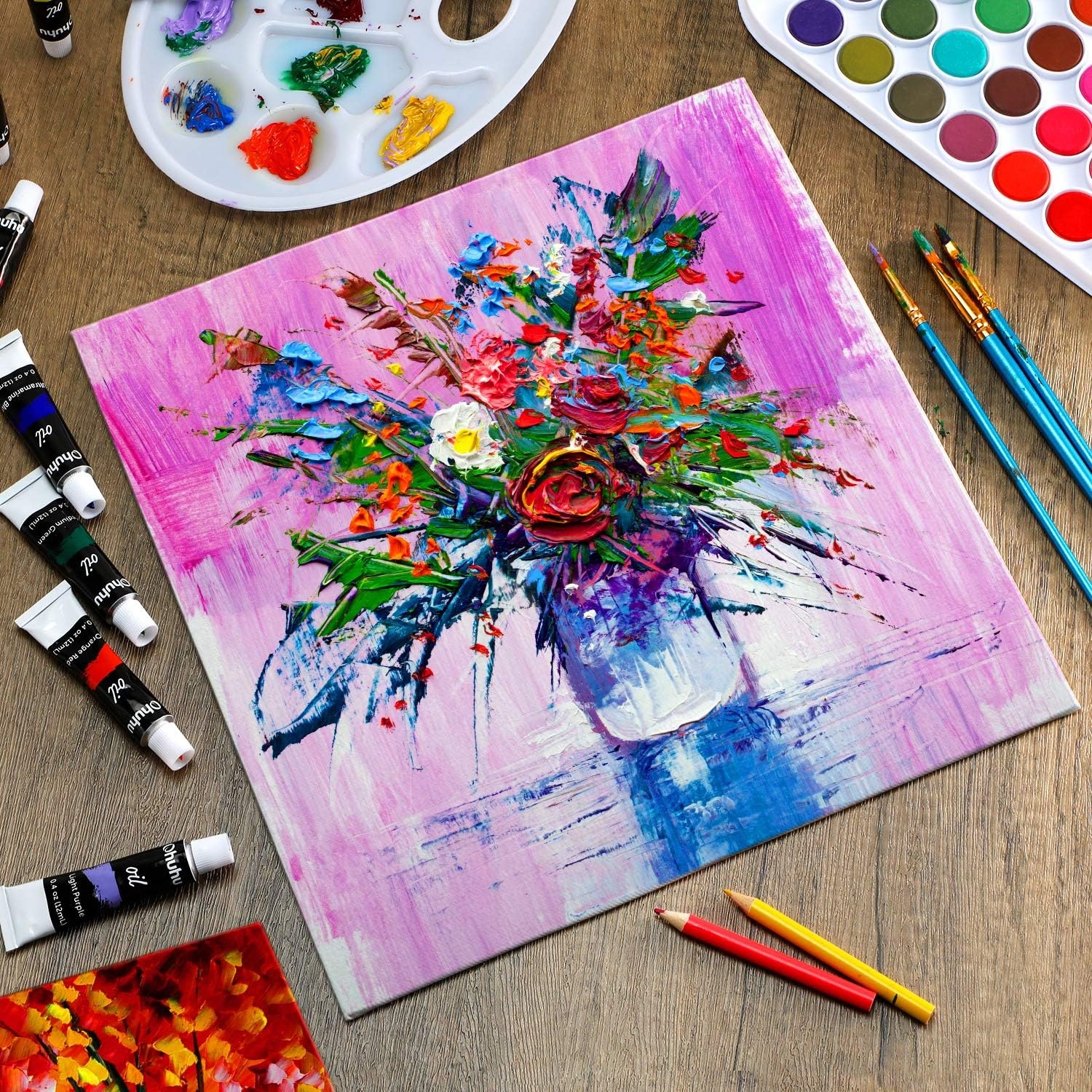 image:imageOhuhu 40Piece Multi Pack Canvas Panels 4x4 5x7 8x8 9x12 11x14 Primed White Cotton Canvas for Acrylic Oil Gouache Watercolor Pastel Tempera