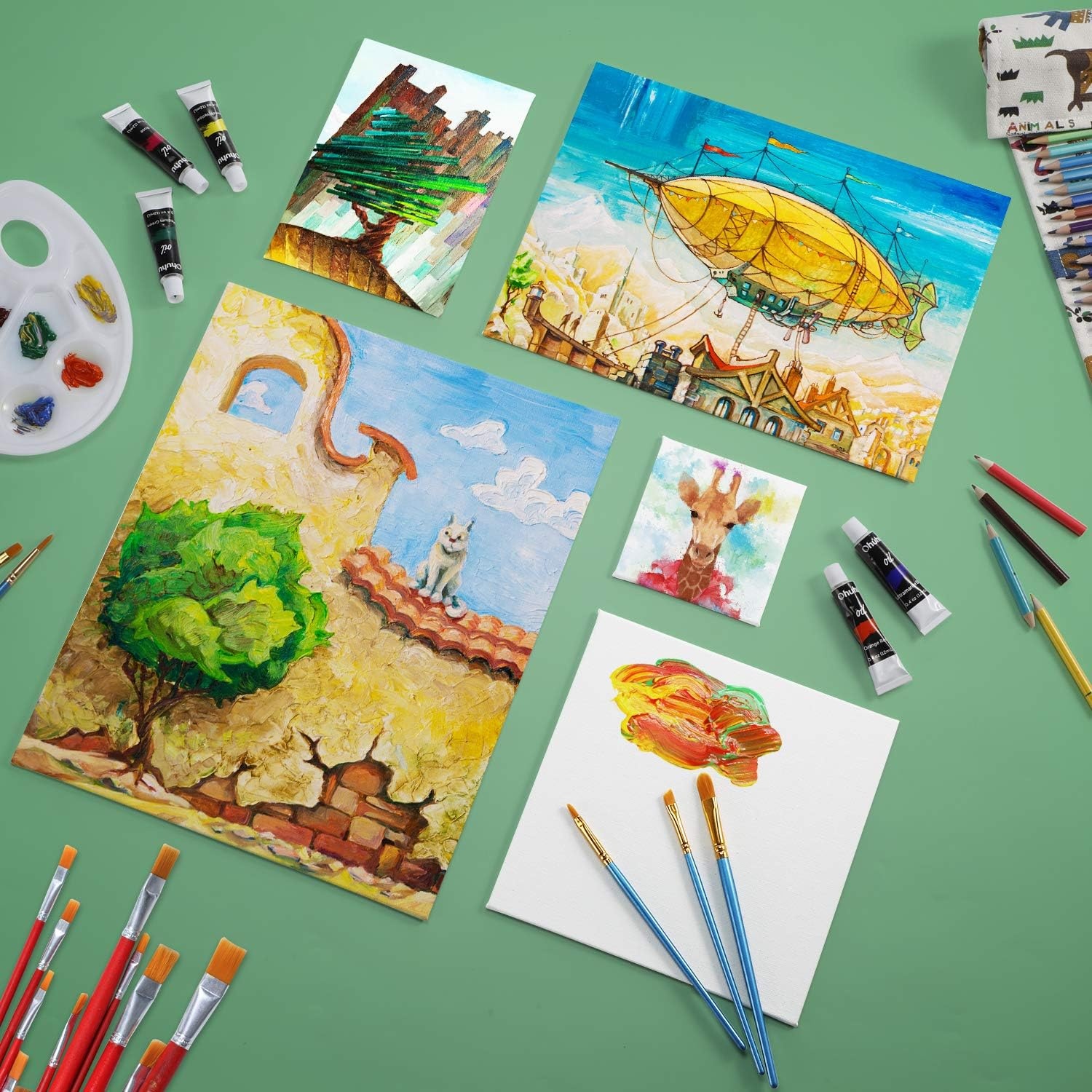 image:imageOhuhu 40Piece Multi Pack Canvas Panels 4x4 5x7 8x8 9x12 11x14 Primed White Cotton Canvas for Acrylic Oil Gouache Watercolor Pastel Tempera