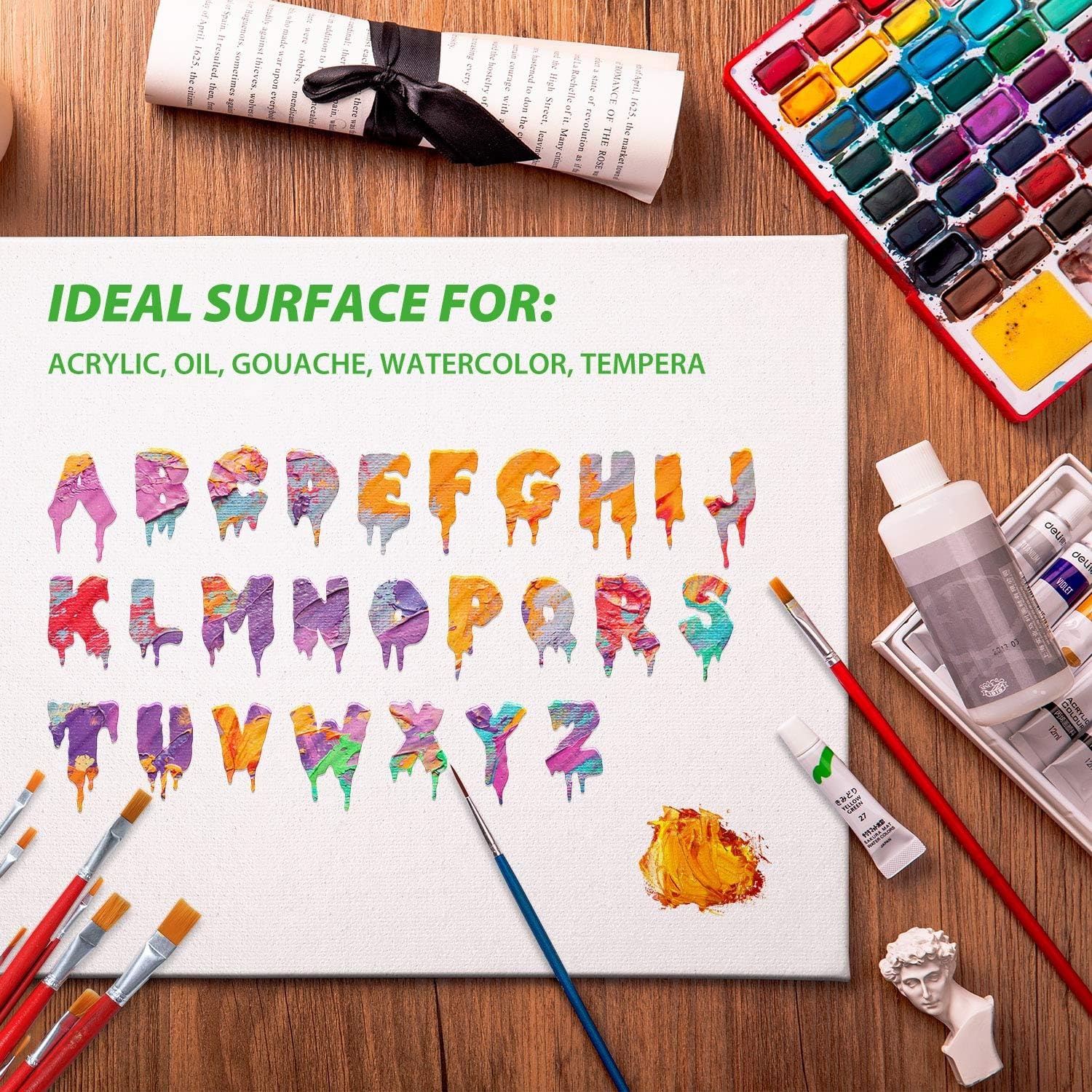 image:imageOhuhu 40Piece Multi Pack Canvas Panels 4x4 5x7 8x8 9x12 11x14 Primed White Cotton Canvas for Acrylic Oil Gouache Watercolor Pastel Tempera