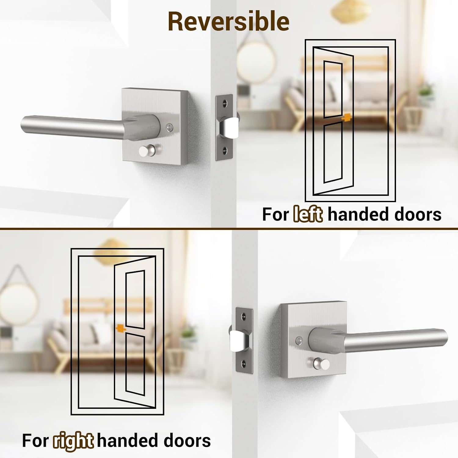 image:imageOhuhu 6 Pack Door Handle Satin Nickel Door Lever with Emergency Lock Door Knobs Modern Contemporary Slim Square Design for Home Bedroom or Bathroom Privacy