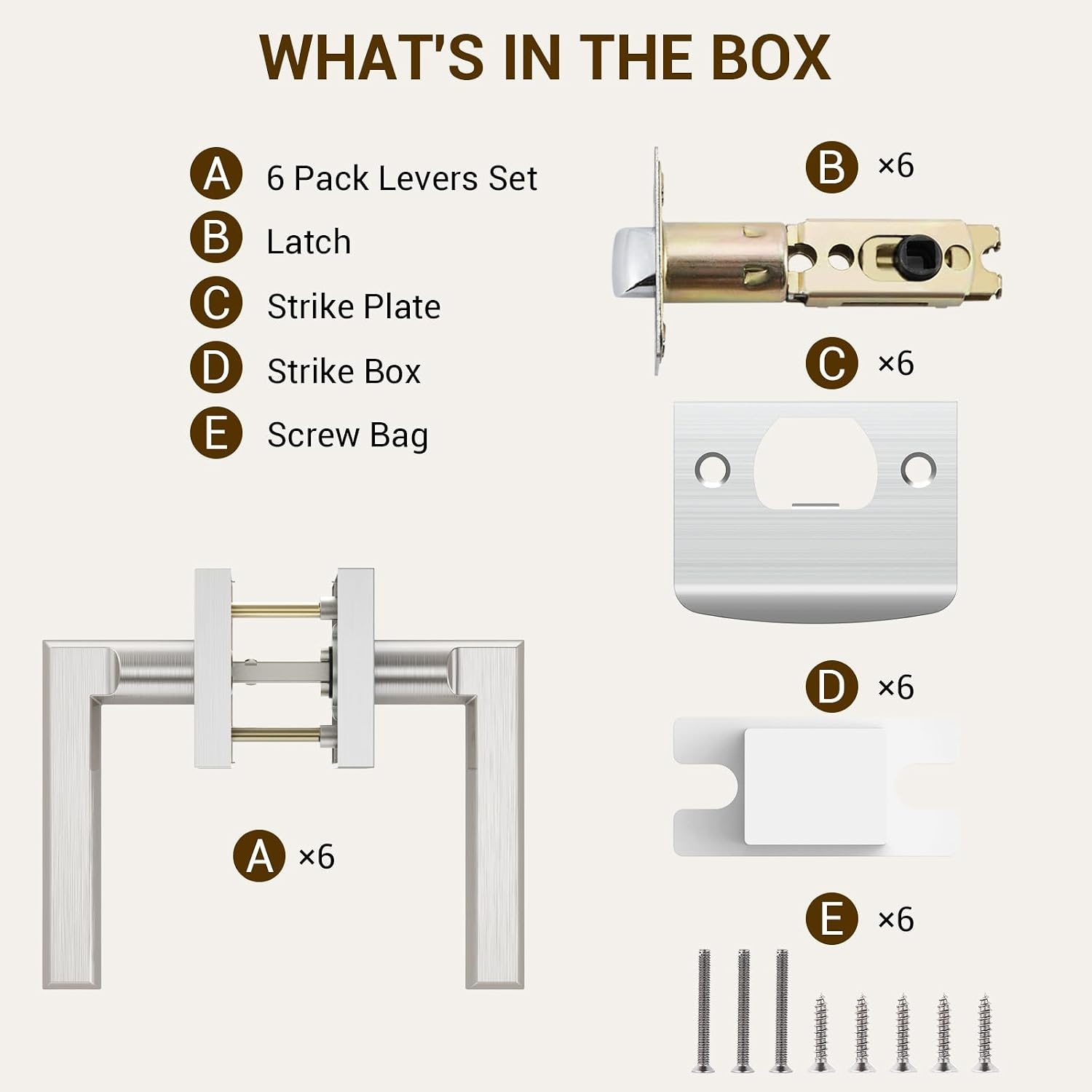 image:imageOhuhu 6 Pack Door Handle Satin Nickel Door Lever with Emergency Lock Door Knobs Modern Contemporary Slim Square Design for Home Bedroom or Bathroom Privacy