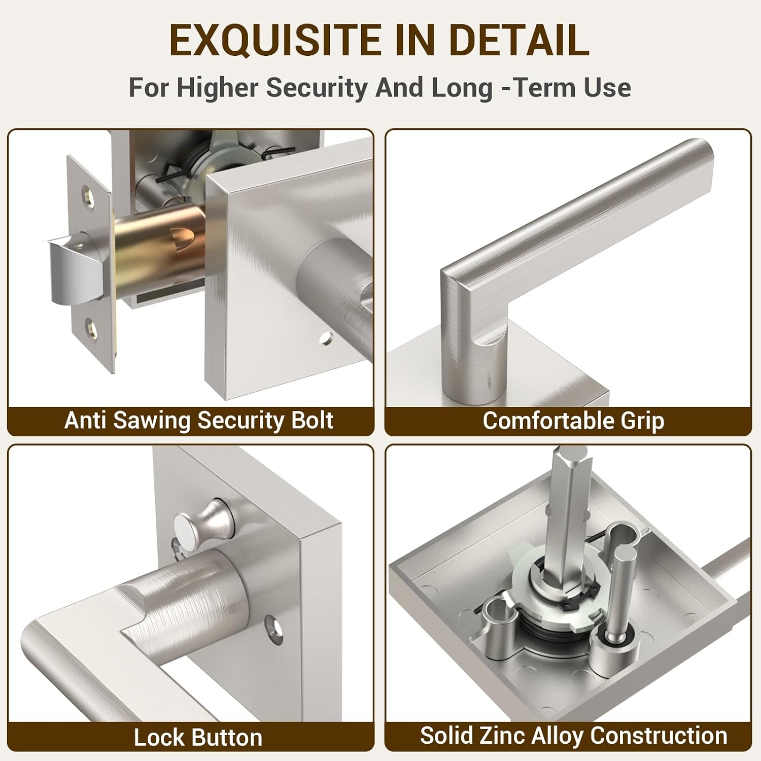 image:imageOhuhu 6 Pack Door Handle Satin Nickel Door Lever with Emergency Lock Door Knobs Modern Contemporary Slim Square Design for Home Bedroom or Bathroom Privacy