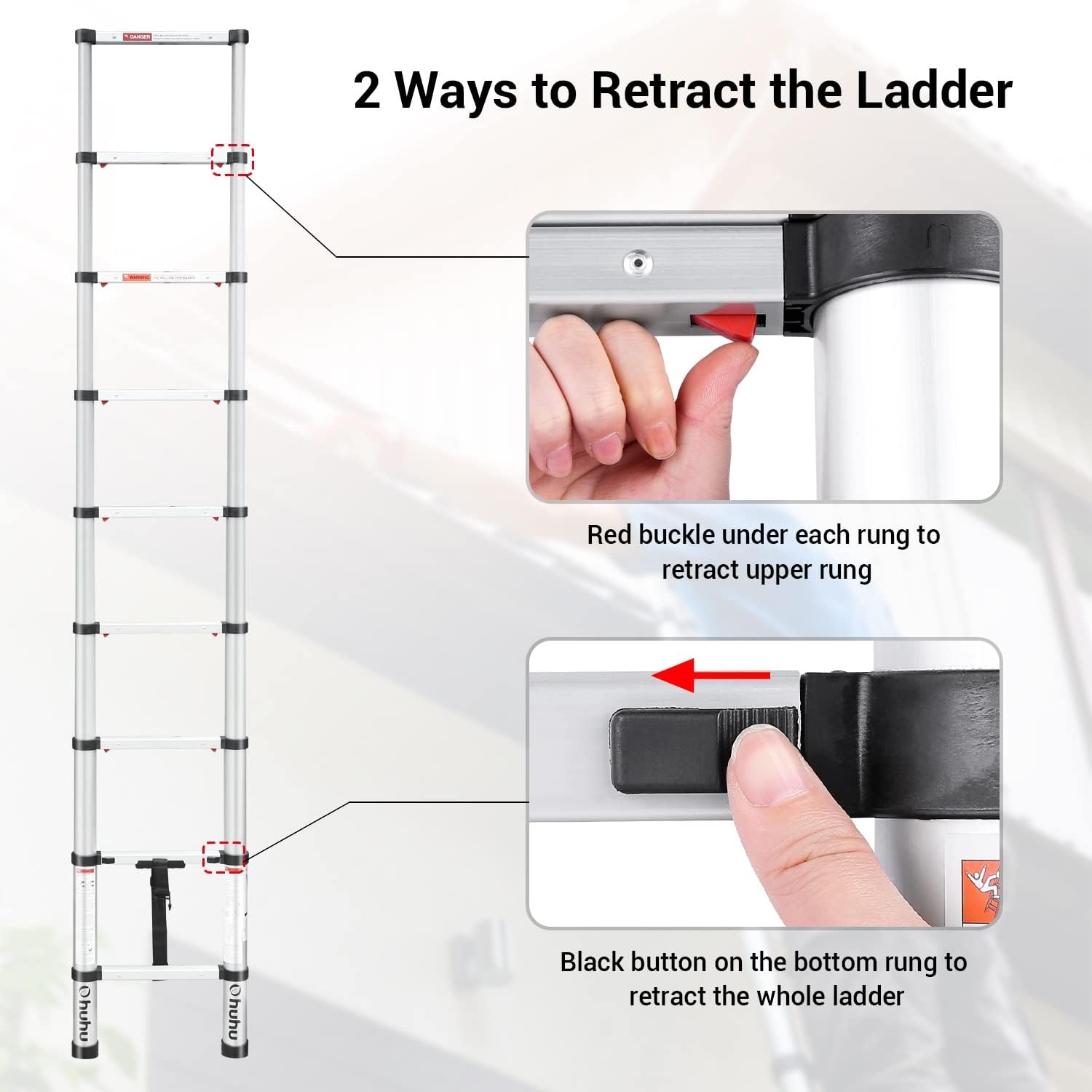 image:imageOhuhu 85 FT Aluminum Telescoping Ladder OneButton Retraction Heavy Duty Extension Ladder for Home ANSI Certified Collapsible Ladders with Safe Slow Restoring for RV Roof Loft Silver