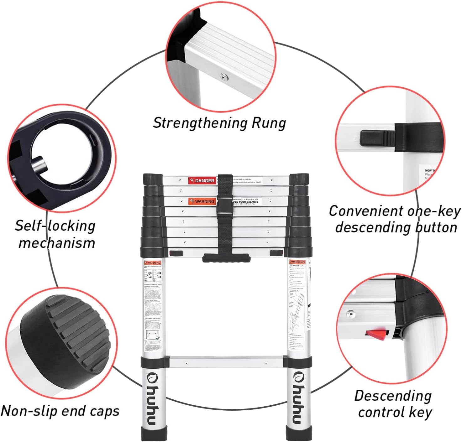 image:imageOhuhu 85 FT Aluminum Telescoping Ladder OneButton Retraction Heavy Duty Extension Ladder for Home ANSI Certified Collapsible Ladders with Safe Slow Restoring for RV Roof Loft Silver
