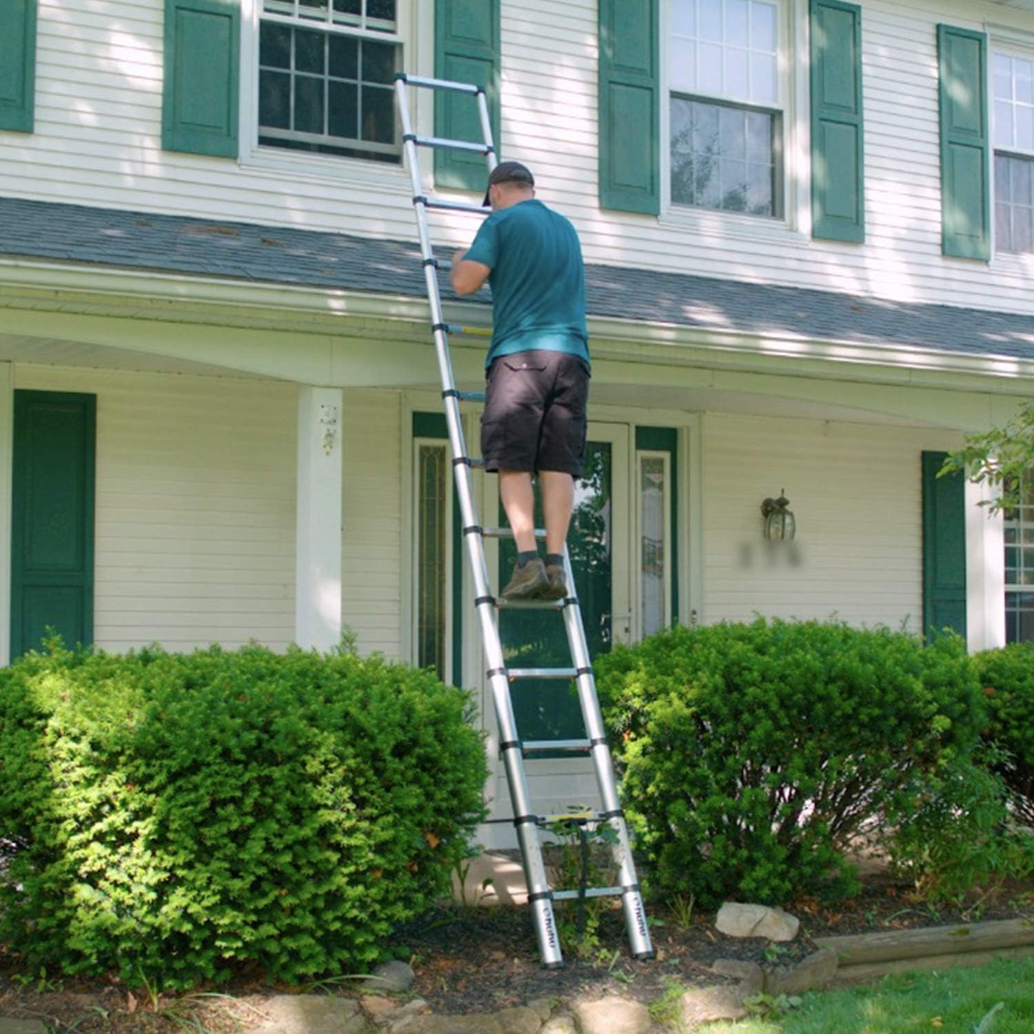 image:imageOhuhu 85 FT Aluminum Telescoping Ladder OneButton Retraction Heavy Duty Extension Ladder for Home ANSI Certified Collapsible Ladders with Safe Slow Restoring for RV Roof Loft Silver