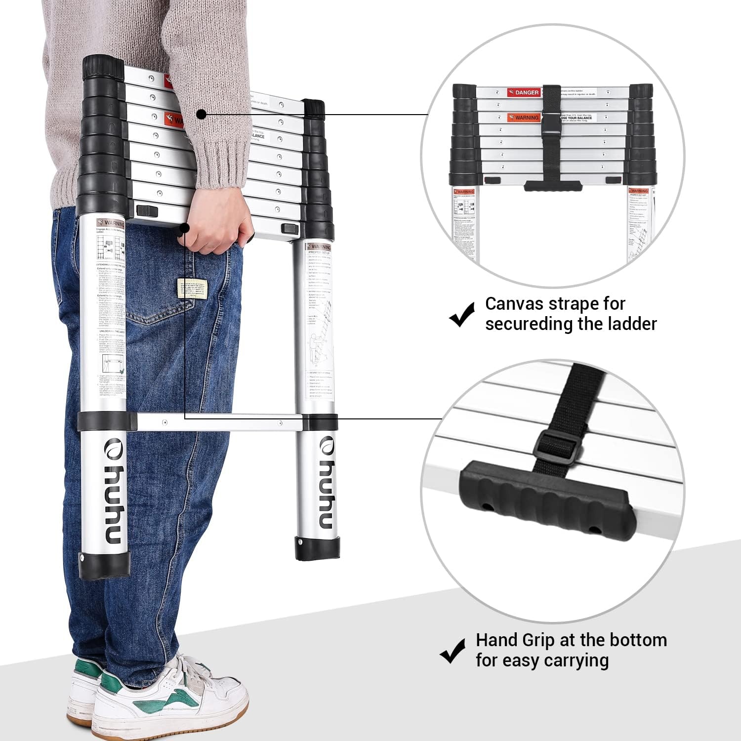 image:imageOhuhu 85 FT Aluminum Telescoping Ladder OneButton Retraction Heavy Duty Extension Ladder for Home ANSI Certified Collapsible Ladders with Safe Slow Restoring for RV Roof Loft Silver