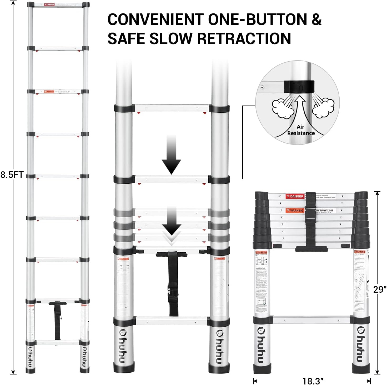 image:imageOhuhu 85 FT Aluminum Telescoping Ladder OneButton Retraction Heavy Duty Extension Ladder for Home ANSI Certified Collapsible Ladders with Safe Slow Restoring for RV Roof Loft Silver