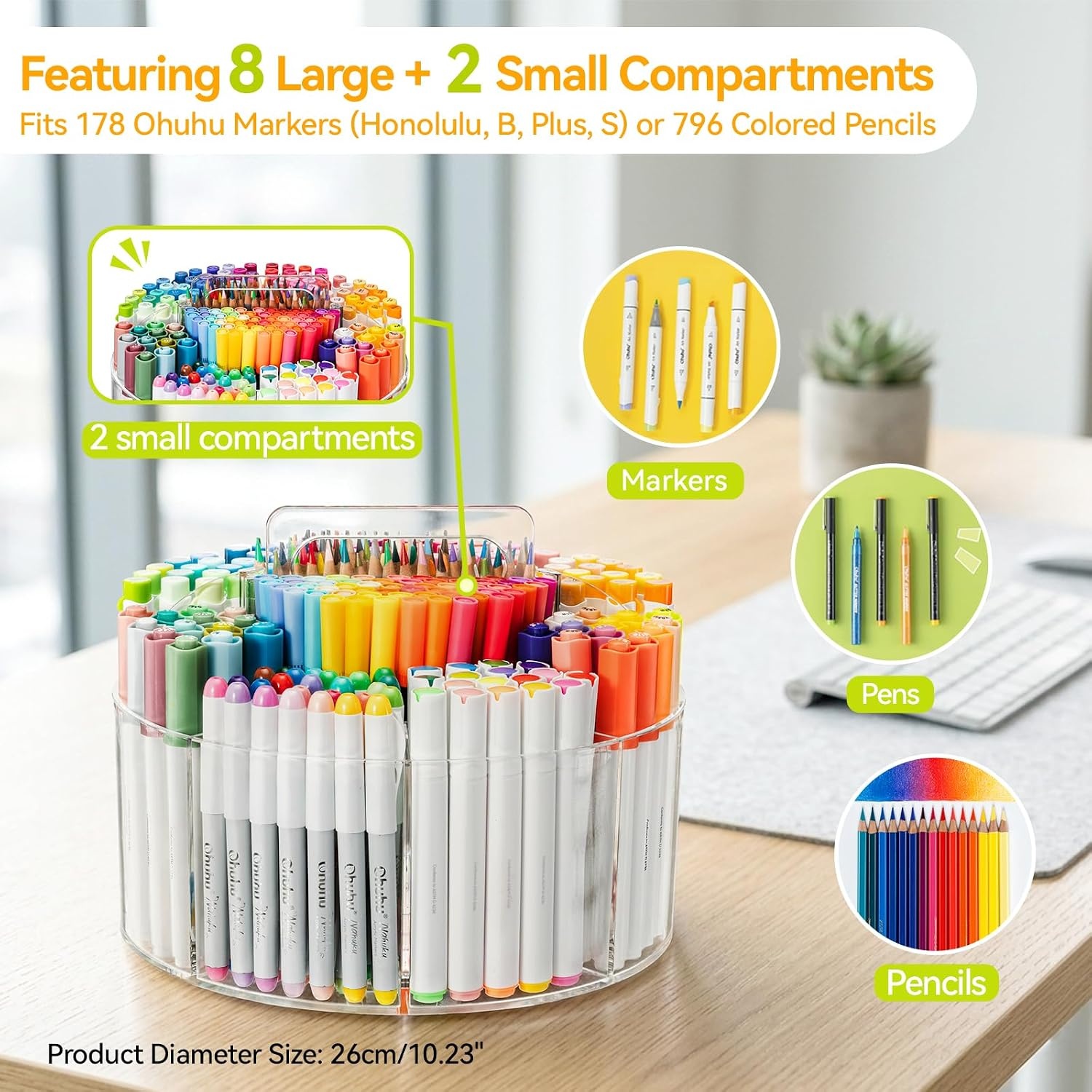 image:imageOhuhu Acrylic Marker Organizer for Alcohol Markers 360 Rotating Clear Acrylic Holder with Hidden Handle 10 Compartments for Markers Pens amp Pencils Home Classroom Office Desk Organizer