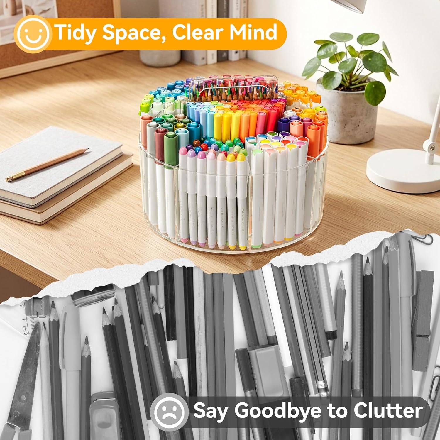 image:imageOhuhu Acrylic Marker Organizer for Alcohol Markers 360 Rotating Clear Acrylic Holder with Hidden Handle 10 Compartments for Markers Pens amp Pencils Home Classroom Office Desk Organizer
