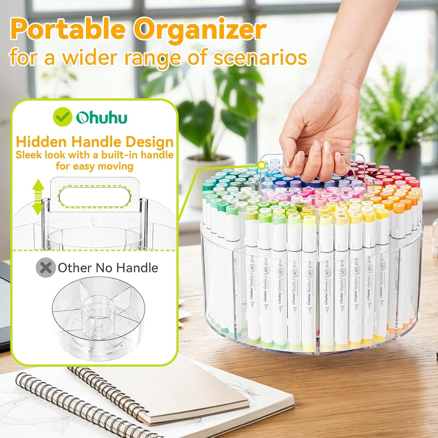 image:imageOhuhu Acrylic Marker Organizer for Alcohol Markers 360 Rotating Clear Acrylic Holder with Hidden Handle 10 Compartments for Markers Pens amp Pencils Home Classroom Office Desk Organizer