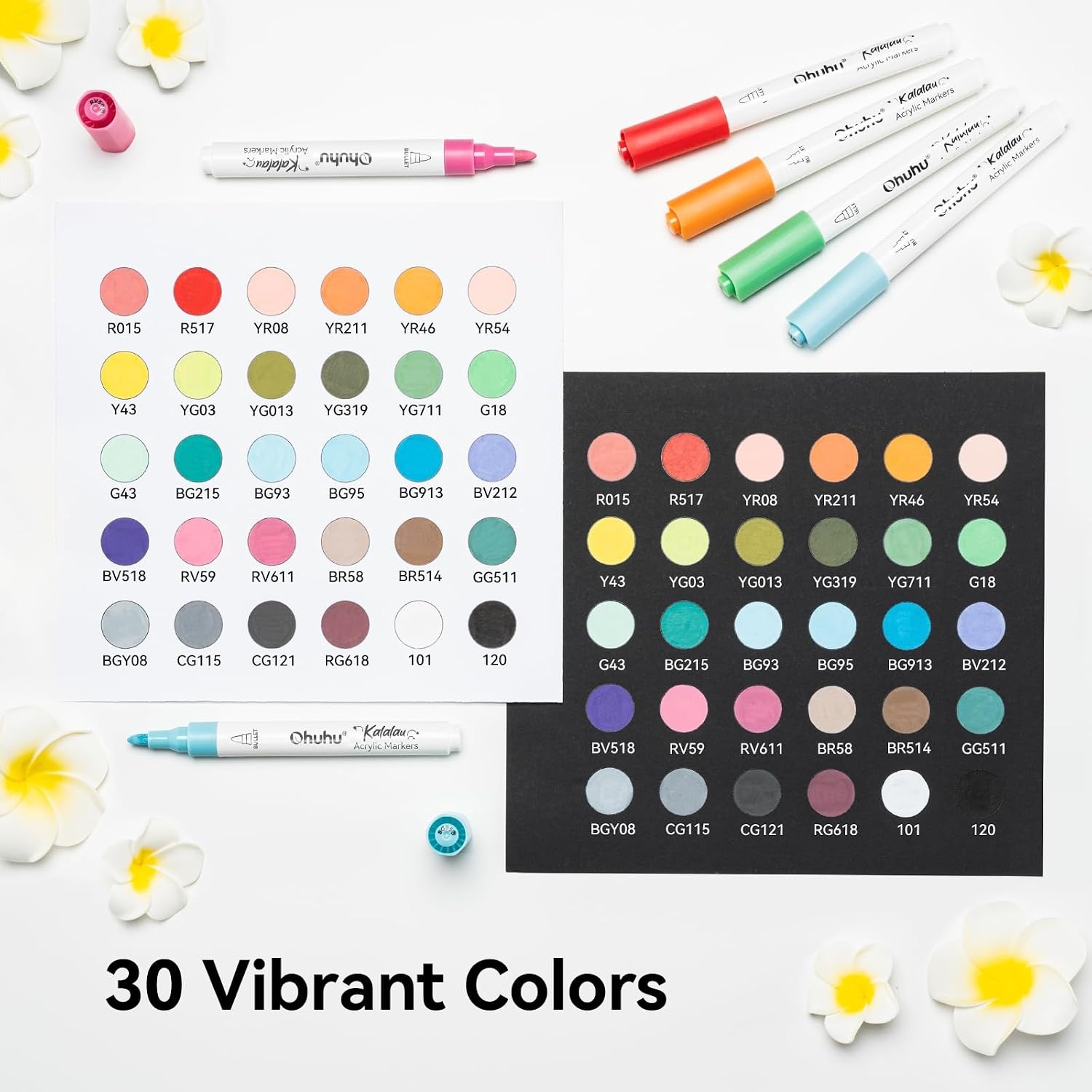 image:imageOhuhu Acrylic Paint Markers Brush Tip 30 Colors High Opacity Paint Pens WaterResistant Acrylic Markers for Rock Painting Easter Eggs Wood Glass Ceramic Canvas KalalauBullet Tip