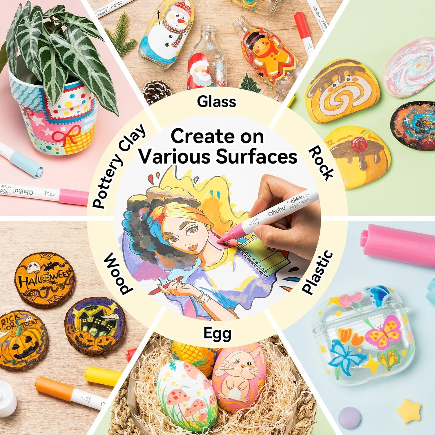 image:imageOhuhu Acrylic Paint Markers Brush Tip 30 Colors High Opacity Paint Pens WaterResistant Acrylic Markers for Rock Painting Easter Eggs Wood Glass Ceramic Canvas KalalauBrush Tip