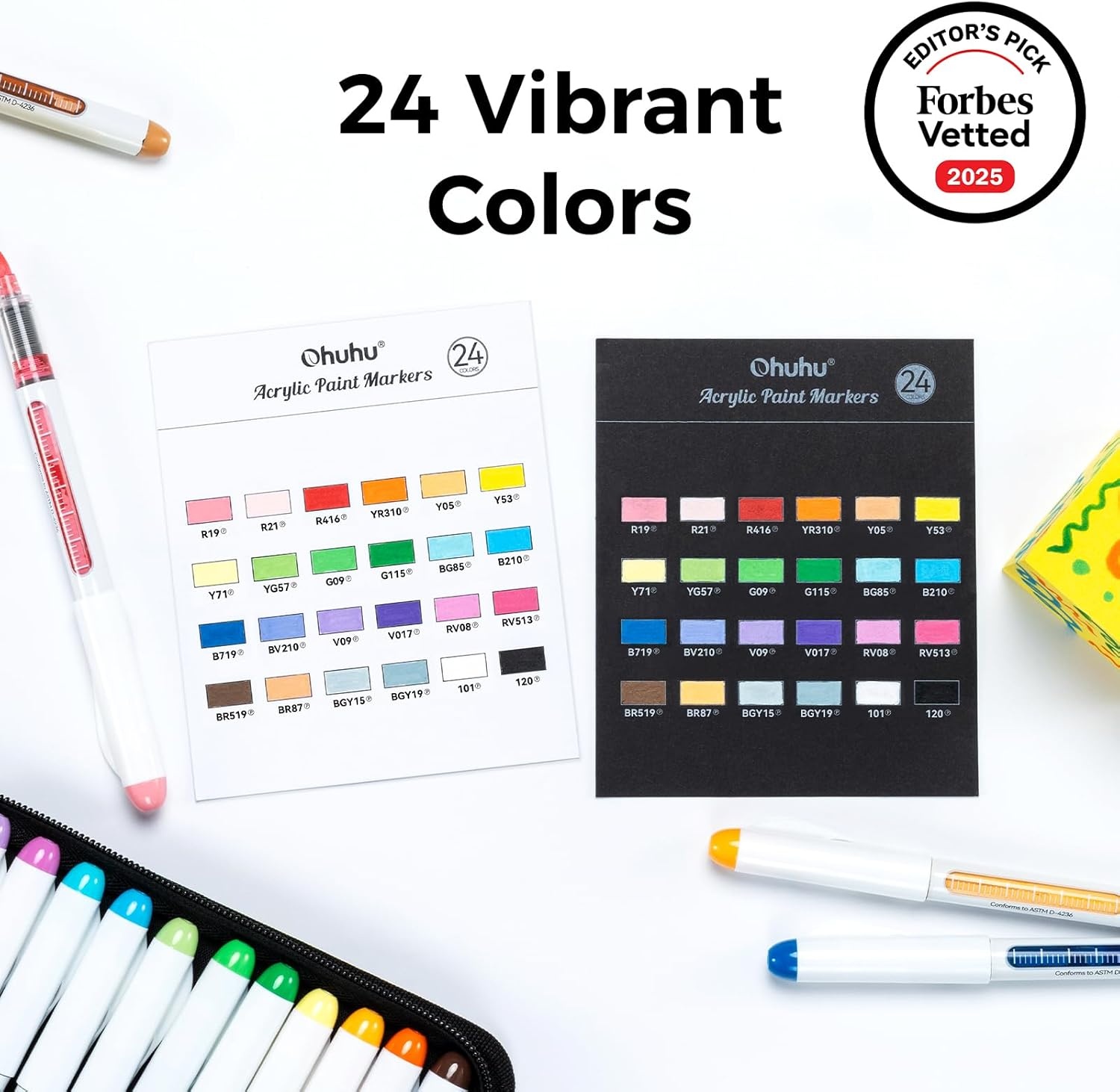 image:imageOhuhu Acrylic Paint Markers Dual Tips 24 Colors Brush amp Bullet Automatic Ink Control Acrylic Markers High Opacity Paint Pens Waterproof for Rock Painting 3D Prints Easter Egg Wood DIY Crafts Waimoku24 Pack Brush