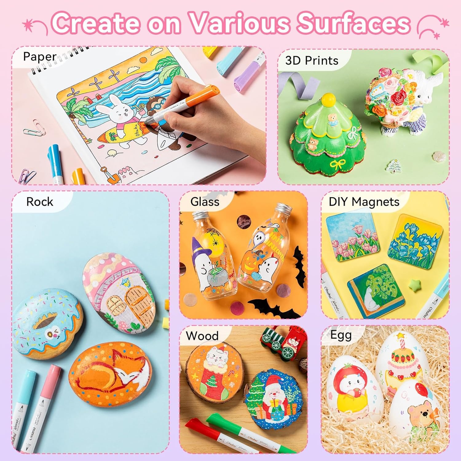 image:imageOhuhu Acrylic Paint Markers Dual Tips 24 Colors Brush amp Bullet Automatic Ink Control Acrylic Markers High Opacity Paint Pens Waterproof for Rock Painting 3D Prints Easter Egg Wood DIY Crafts Waimoku24 Pack Brush Bullet