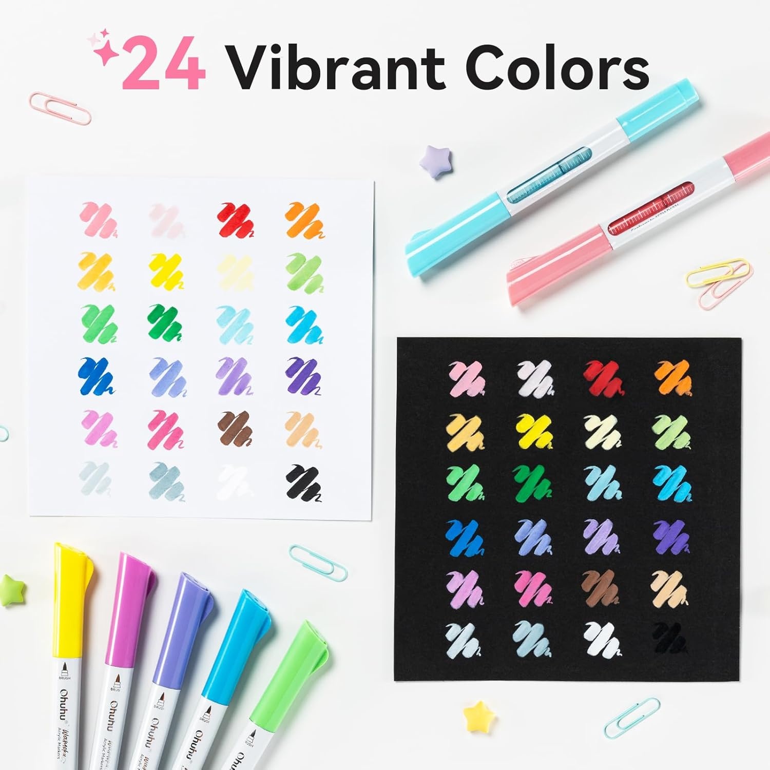 image:imageOhuhu Acrylic Paint Markers Dual Tips 24 Colors Brush amp Bullet Automatic Ink Control Acrylic Markers High Opacity Paint Pens Waterproof for Rock Painting 3D Prints Easter Egg Wood DIY Crafts Waimoku24 Pack Brush Bullet