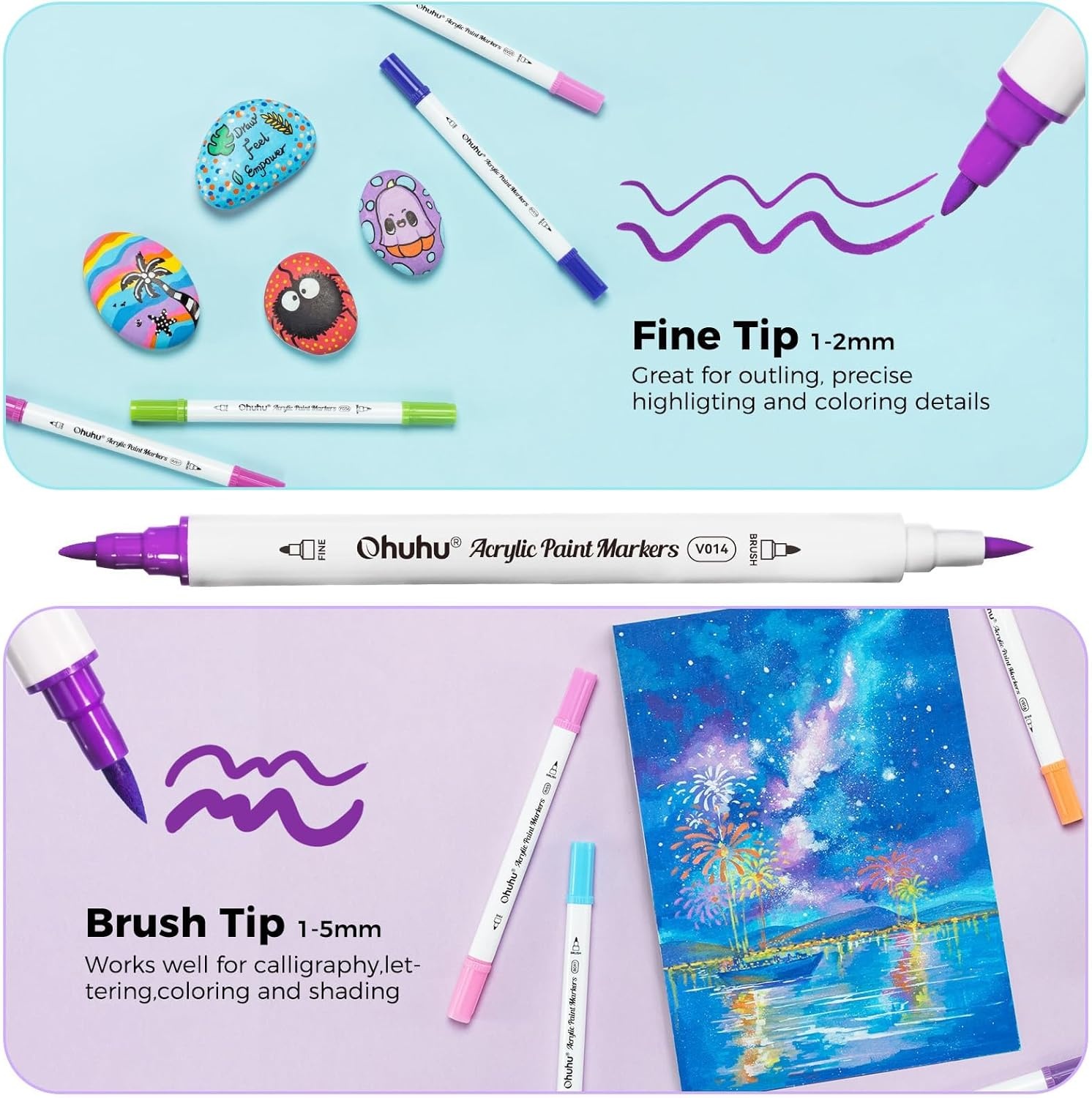 image:imageOhuhu Acrylic Paint Markers Dual Tips 36 Colors Fine amp Dot Paint Pens High Opacity Acrylic Markers WaterResistant Lightfast for Rock Painting 3D Prints Egg Wood Glass Ceramic DIY Crafts Akaka72 Colors Brush Fine