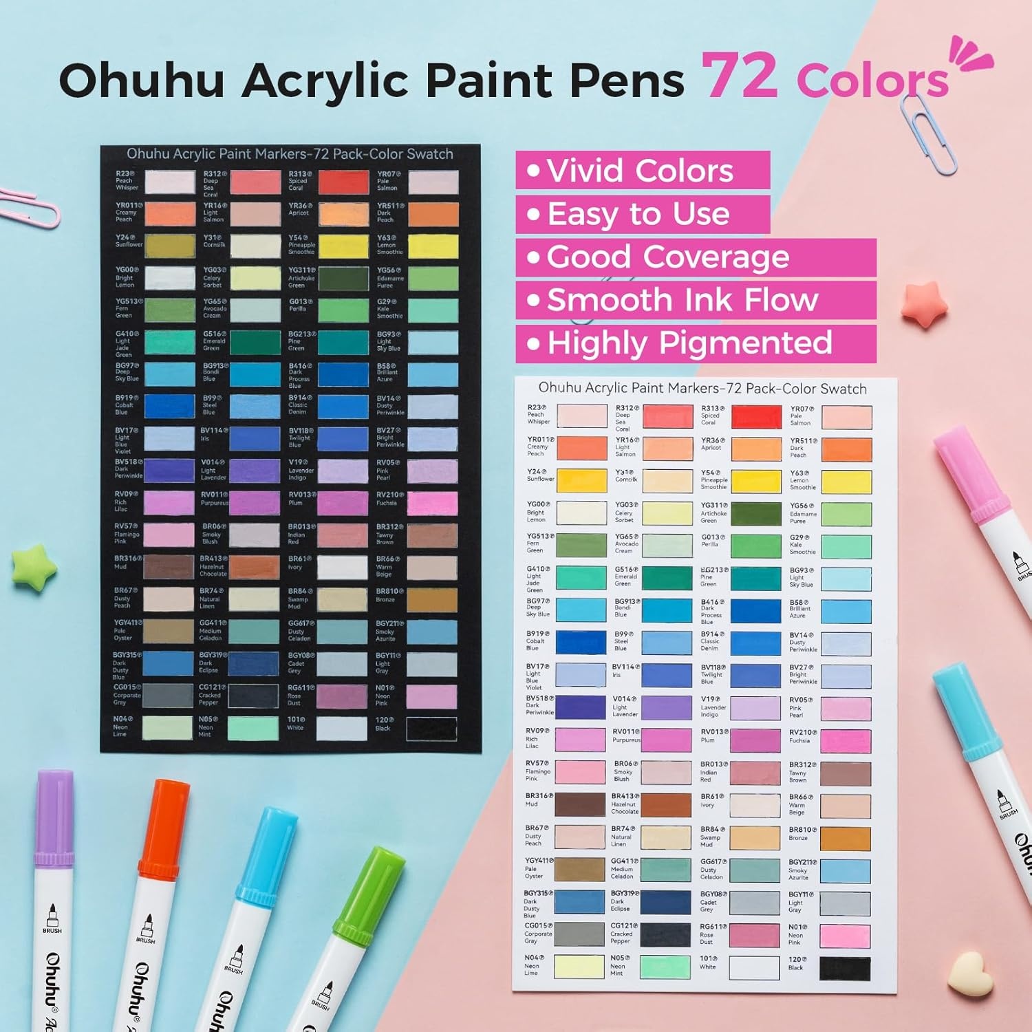 image:imageOhuhu Acrylic Paint Markers Dual Tips 36 Colors Fine amp Dot Paint Pens High Opacity Acrylic Markers WaterResistant Lightfast for Rock Painting 3D Prints Egg Wood Glass Ceramic DIY Crafts Akaka72 Colors Brush Dot