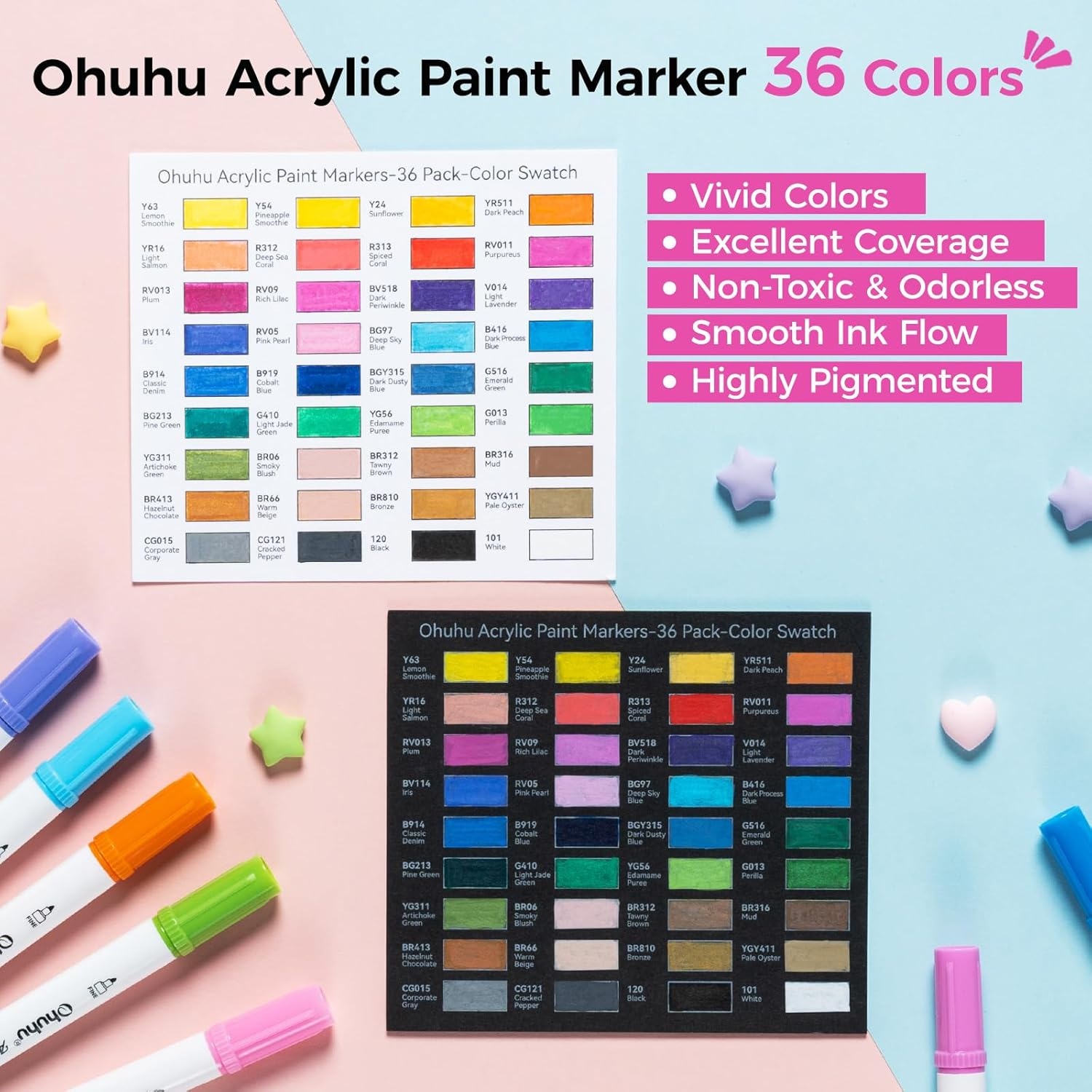 image:imageOhuhu Acrylic Paint Markers Dual Tips 36 Colors Fine amp Dot Paint Pens High Opacity Acrylic Markers WaterResistant Lightfast for Rock Painting 3D Prints Egg Wood Glass Ceramic DIY Crafts  Akaka36 Colors Brush  Fine