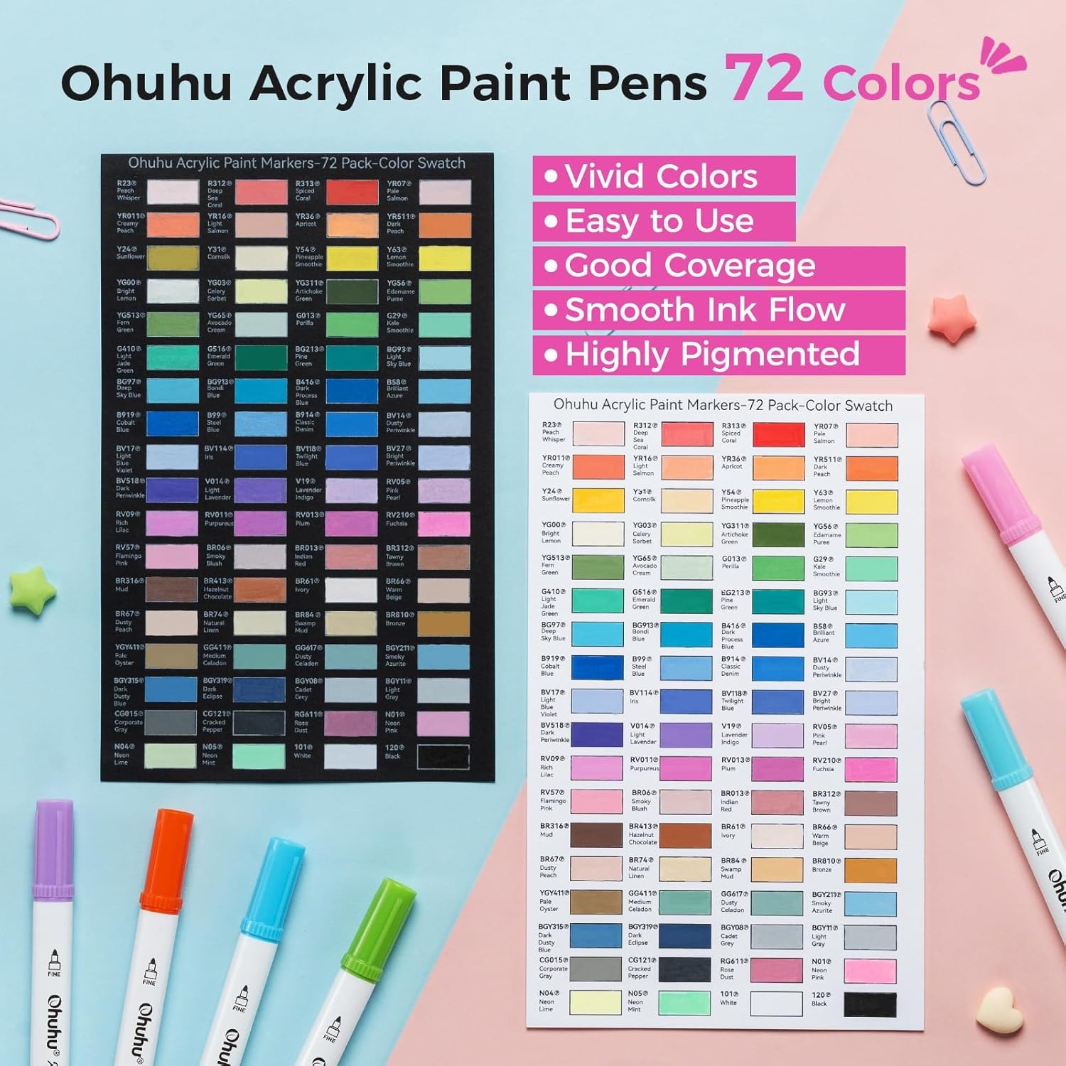 image:imageOhuhu Acrylic Paint Markers Dual Tips 36 Colors Fine amp Dot Paint Pens High Opacity Acrylic Markers WaterResistant Lightfast for Rock Painting 3D Prints Egg Wood Glass Ceramic DIY Crafts Akaka72 Colors Brush Fine