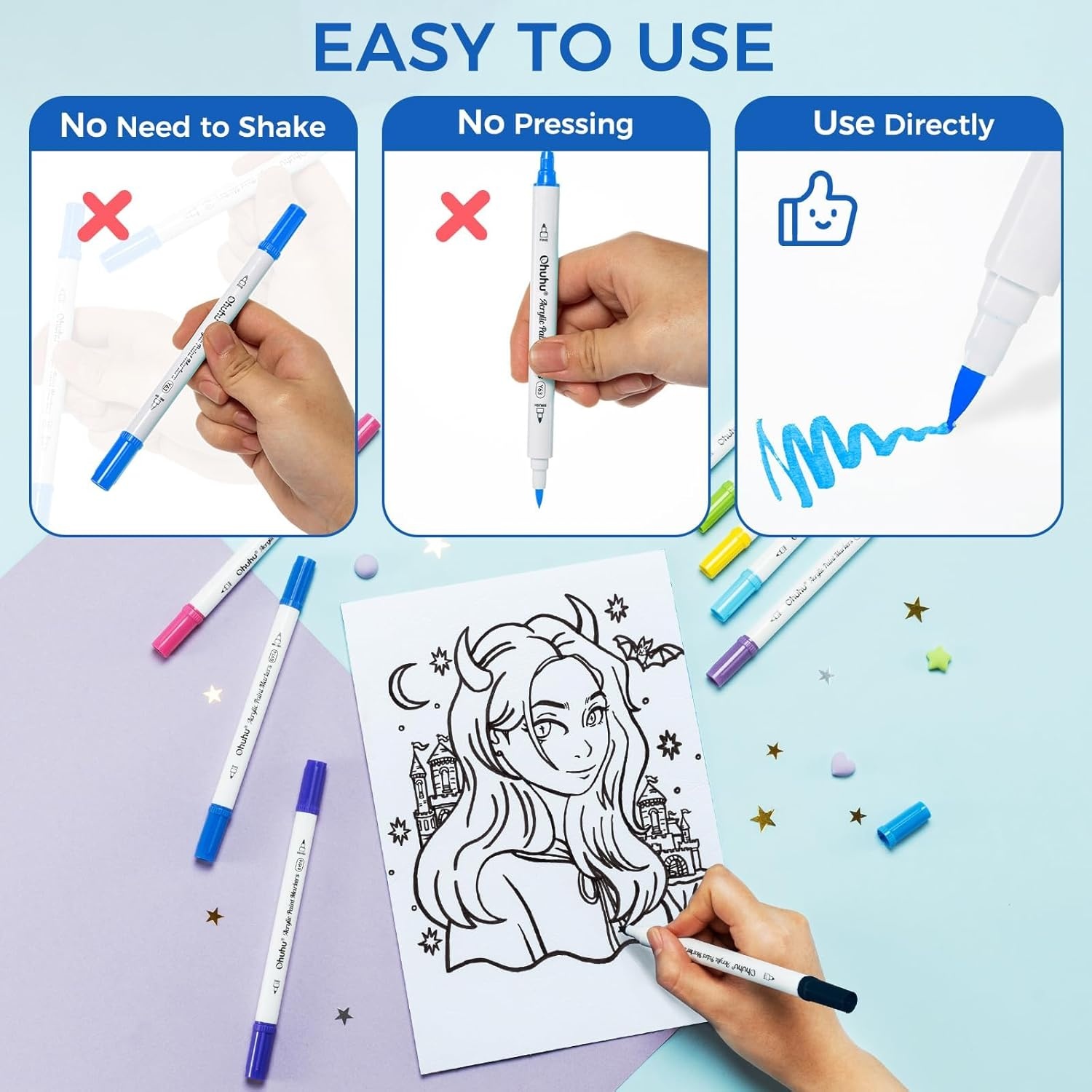 image:imageOhuhu Acrylic Paint Markers Dual Tips 36 Colors Fine amp Dot Paint Pens High Opacity Acrylic Markers WaterResistant Lightfast for Rock Painting 3D Prints Egg Wood Glass Ceramic DIY Crafts Akaka72 Colors Brush Fine