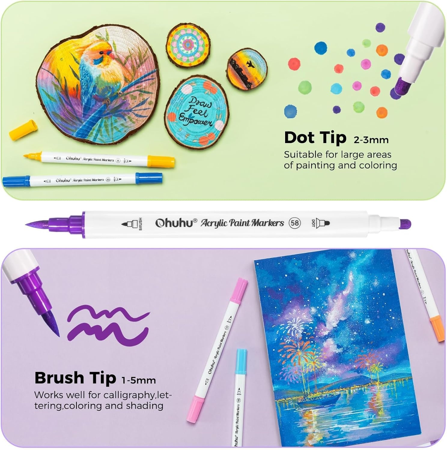 image:imageOhuhu Acrylic Paint Markers Dual Tips 36 Colors Fine amp Dot Paint Pens High Opacity Acrylic Markers WaterResistant Lightfast for Rock Painting 3D Prints Egg Wood Glass Ceramic DIY Crafts Akaka72 Colors Brush Dot
