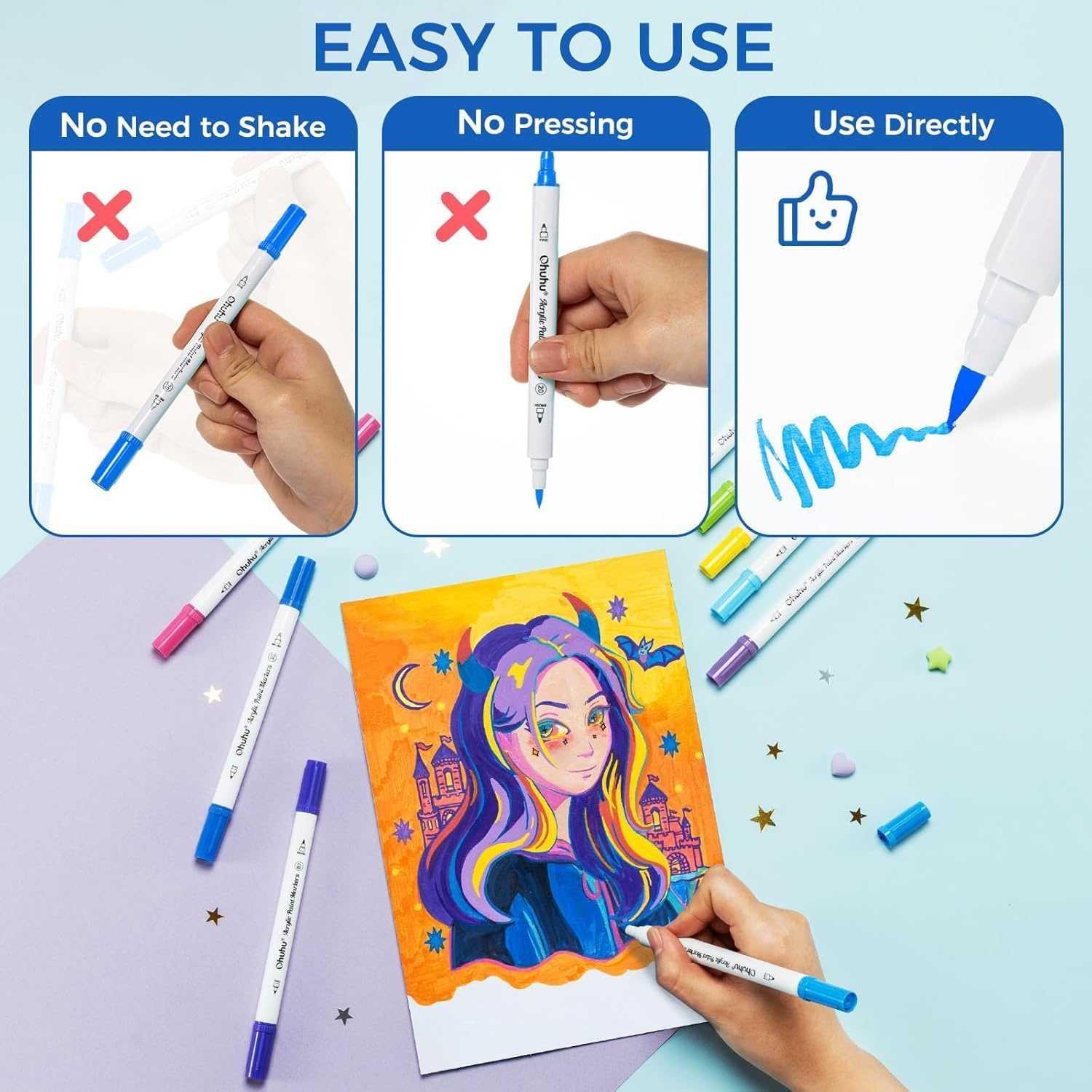 image:imageOhuhu Acrylic Paint Markers Dual Tips 36 Colors Fine amp Dot Paint Pens High Opacity Acrylic Markers WaterResistant Lightfast for Rock Painting 3D Prints Egg Wood Glass Ceramic DIY Crafts Akaka72 Colors Fine Dot
