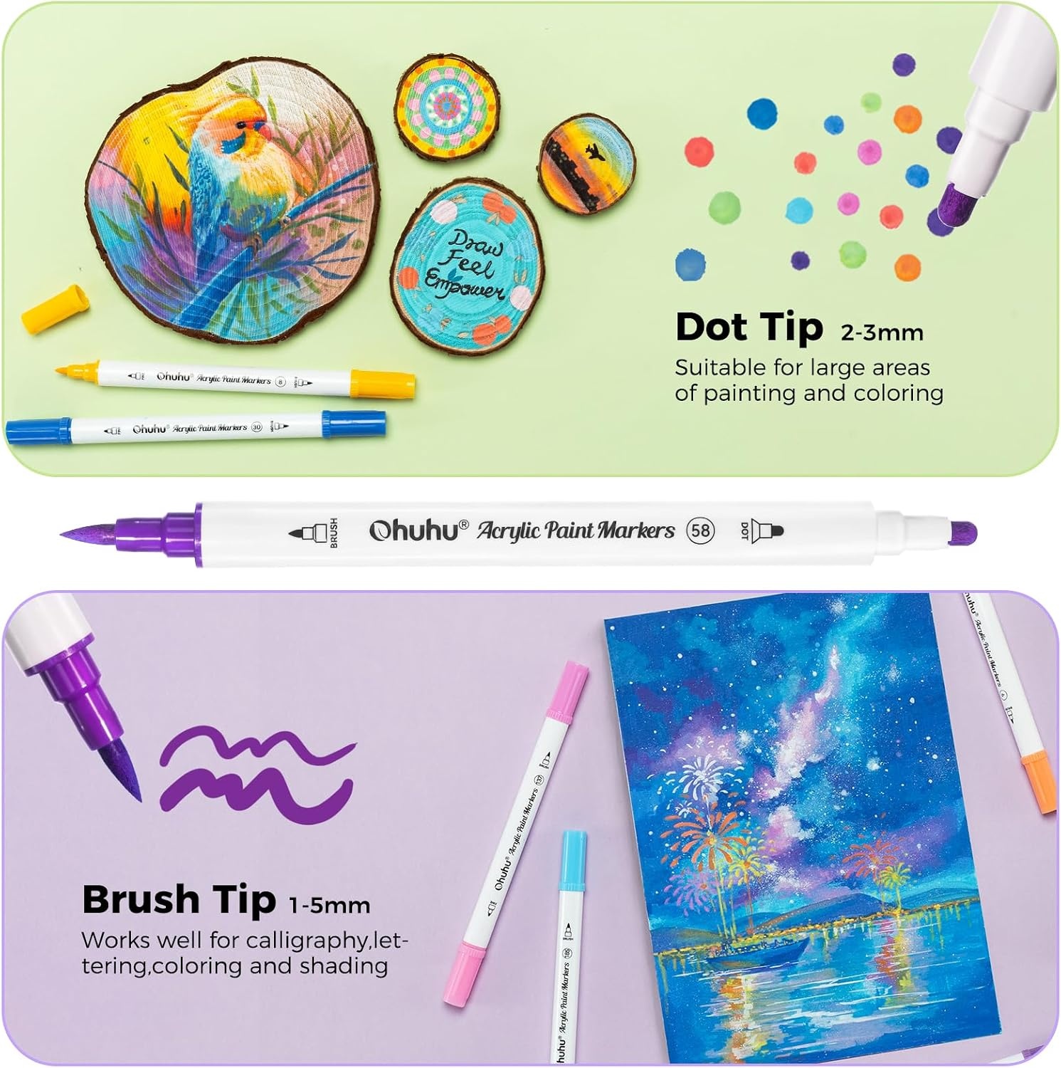 image:imageOhuhu Acrylic Paint Markers Dual Tips 36 Colors Fine amp Dot Paint Pens High Opacity Acrylic Markers WaterResistant Lightfast for Rock Painting 3D Prints Egg Wood Glass Ceramic DIY Crafts Akaka36 Colors Brush Dot
