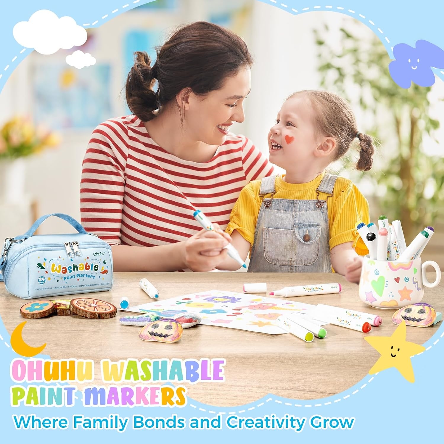 image:imageOhuhu Acrylic Paint Markers UltraWashable Markers for Kids Bullet Tip Paint Pens for Rock Painting Easter Eggs Wood Glass Ceramic Canvas School Classroom Supplies Ages 314