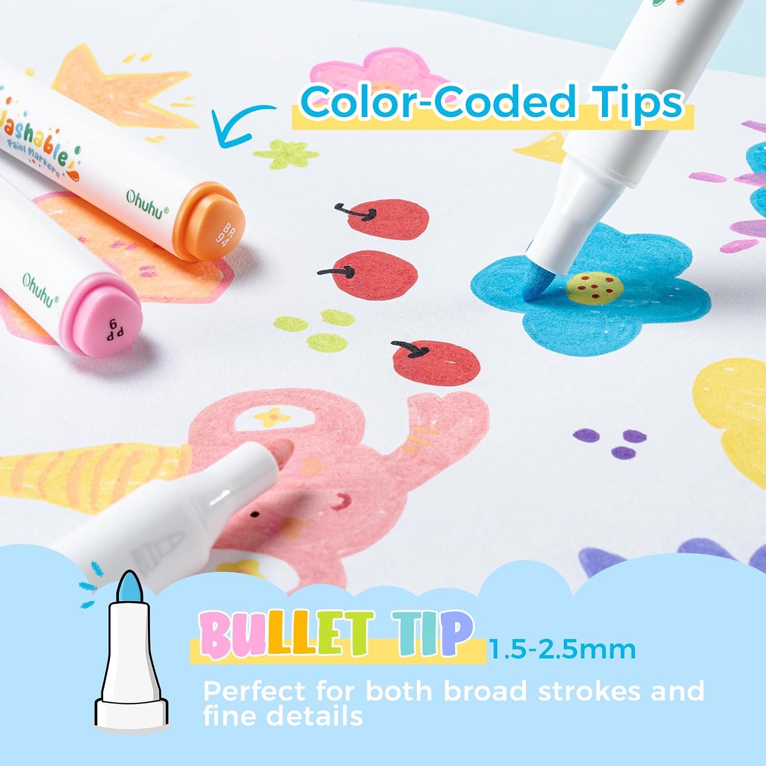 image:imageOhuhu Acrylic Paint Markers UltraWashable Markers for Kids Bullet Tip Paint Pens for Rock Painting Easter Eggs Wood Glass Ceramic Canvas School Classroom Supplies Ages 314