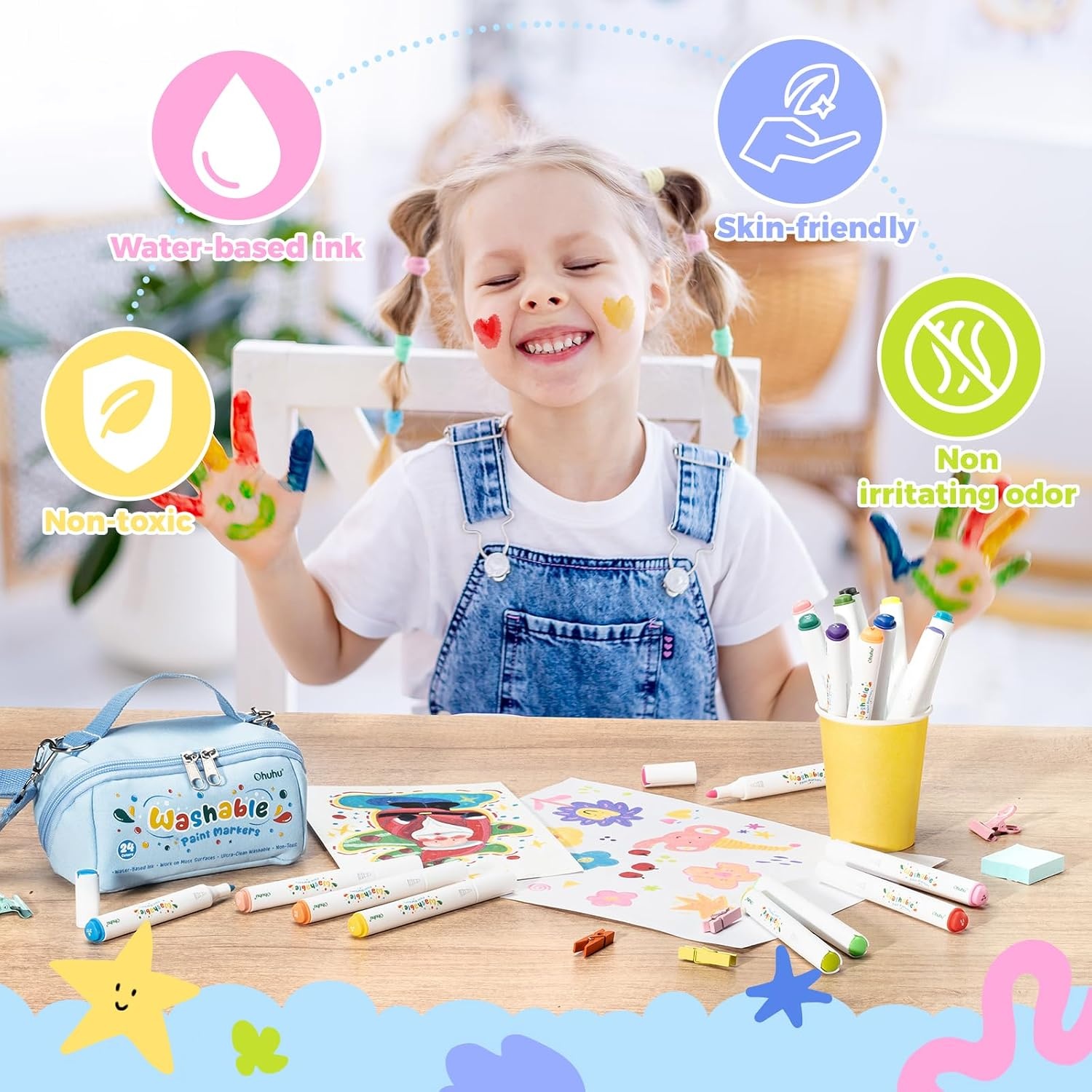 image:imageOhuhu Acrylic Paint Markers UltraWashable Markers for Kids Bullet Tip Paint Pens for Rock Painting Easter Eggs Wood Glass Ceramic Canvas School Classroom Supplies Ages 314