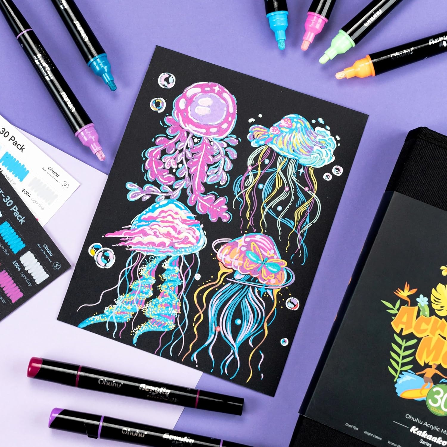 image:imageOhuhu Acrylic Paint Pens 30 Colors Dual Tips Round amp Fine Acrylic Markers High Opacity Paint Markers Waterproof Lightfast for Rock Painting Easter Eggs Wood Glass Ceramic Canvas  Kakaako90 Pens 60 Regular  24 Metallic  6 Neon Colors