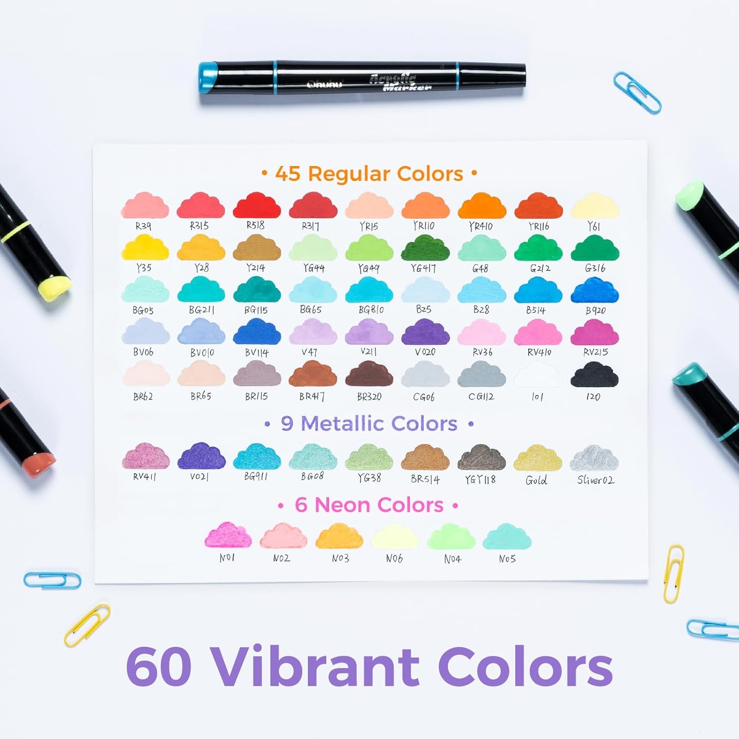 image:imageOhuhu Acrylic Paint Pens 30 Colors Dual Tips Round amp Fine Acrylic Markers High Opacity Paint Markers Waterproof Lightfast for Rock Painting Easter Eggs Wood Glass Ceramic Canvas Kakaako60 Pens 45 Regular 9 Metallic 6 Neon Colors