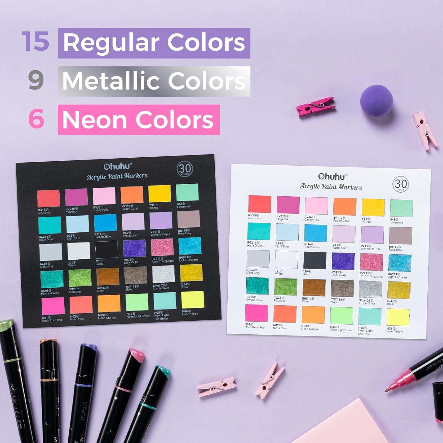 image:imageOhuhu Acrylic Paint Pens 30 Colors Dual Tips Round amp Fine Acrylic Markers High Opacity Paint Markers Waterproof Lightfast for Rock Painting Easter Eggs Wood Glass Ceramic Canvas  Kakaako30 Pens 15 Regular  9 Metallic  6 Neon Colors