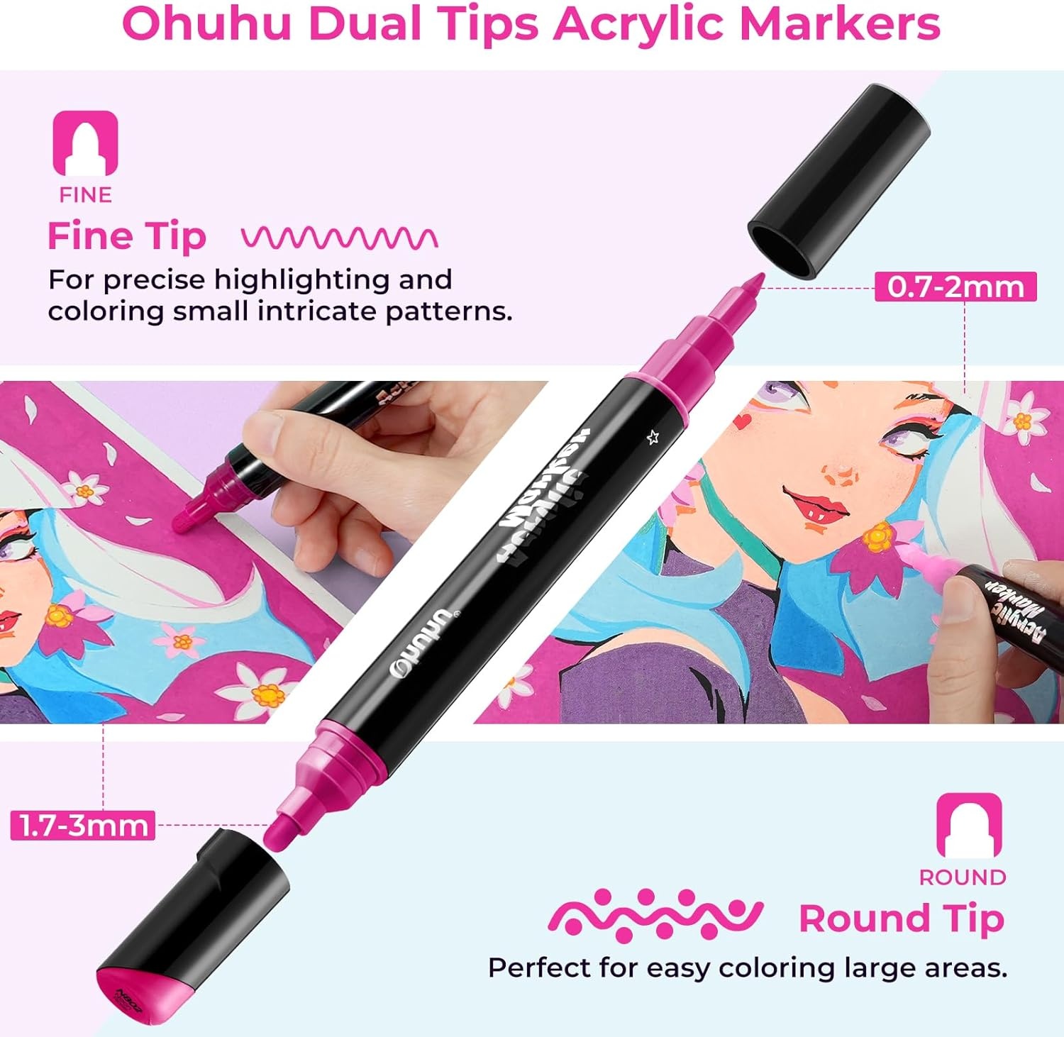 image:imageOhuhu Acrylic Paint Pens 30 Colors Dual Tips Round amp Fine Acrylic Markers High Opacity Paint Markers Waterproof Lightfast for Rock Painting Easter Eggs Wood Glass Ceramic Canvas  Kakaako90 Pens 60 Regular  24 Metallic  6 Neon Colors