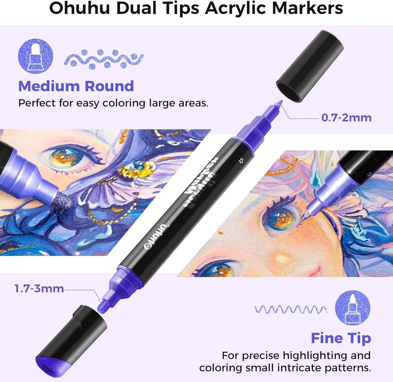 image:imageOhuhu Acrylic Paint Pens 30 Colors Dual Tips Round amp Fine Acrylic Markers High Opacity Paint Markers Waterproof Lightfast for Rock Painting Easter Eggs Wood Glass Ceramic Canvas  Kakaako30 Pens 24 Metallic  4 White  2 Black