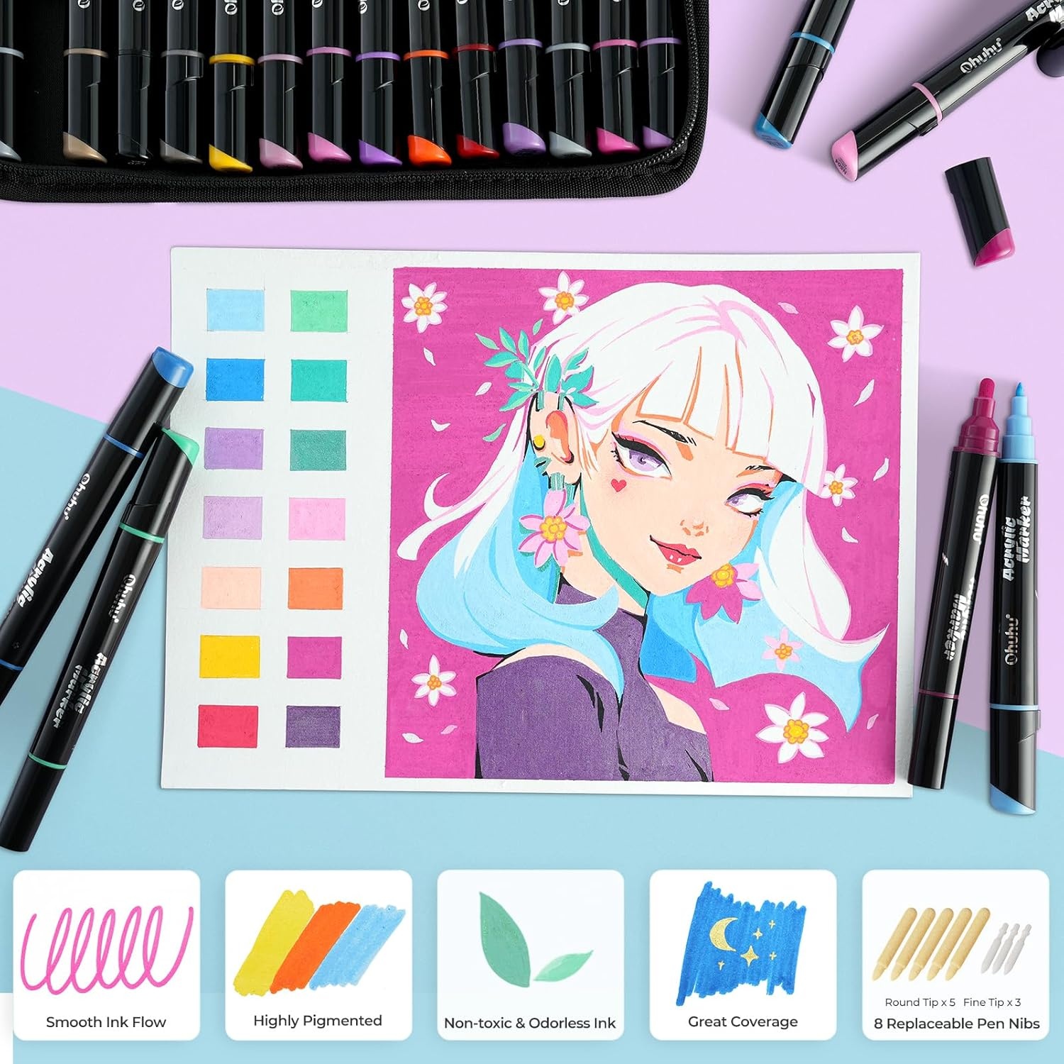 image:imageOhuhu Acrylic Paint Pens 30 Colors Dual Tips Round amp Fine Acrylic Markers High Opacity Paint Markers Waterproof Lightfast for Rock Painting Easter Eggs Wood Glass Ceramic Canvas  Kakaako30 Pens 15 Regular  9 Metallic  6 Neon Colors