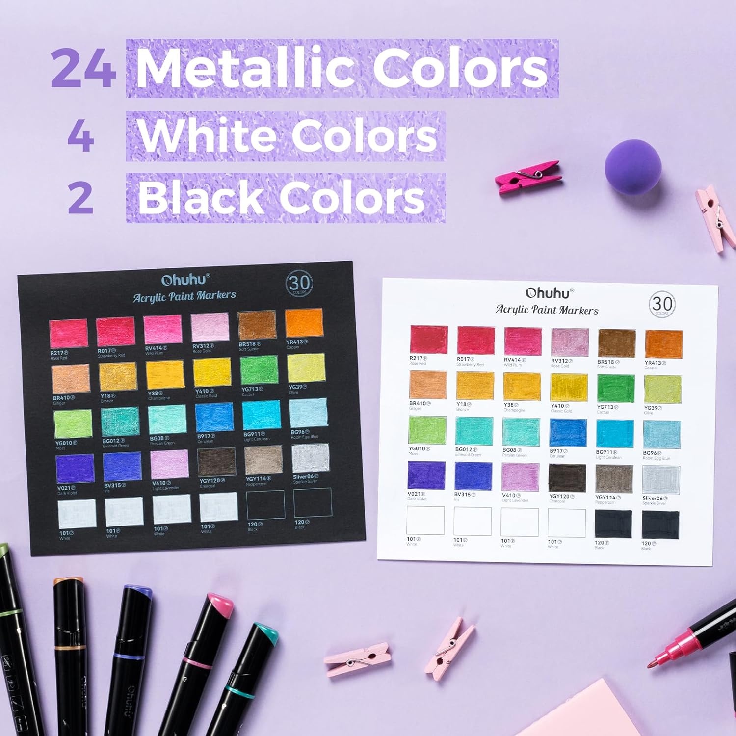 image:imageOhuhu Acrylic Paint Pens 30 Colors Dual Tips Round amp Fine Acrylic Markers High Opacity Paint Markers Waterproof Lightfast for Rock Painting Easter Eggs Wood Glass Ceramic Canvas  Kakaako30 Pens 24 Metallic  4 White  2 Black