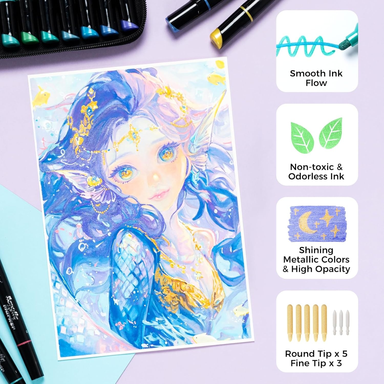 image:imageOhuhu Acrylic Paint Pens 30 Colors Dual Tips Round amp Fine Acrylic Markers High Opacity Paint Markers Waterproof Lightfast for Rock Painting Easter Eggs Wood Glass Ceramic Canvas  Kakaako90 Pens 60 Regular  24 Metallic  6 Neon Colors