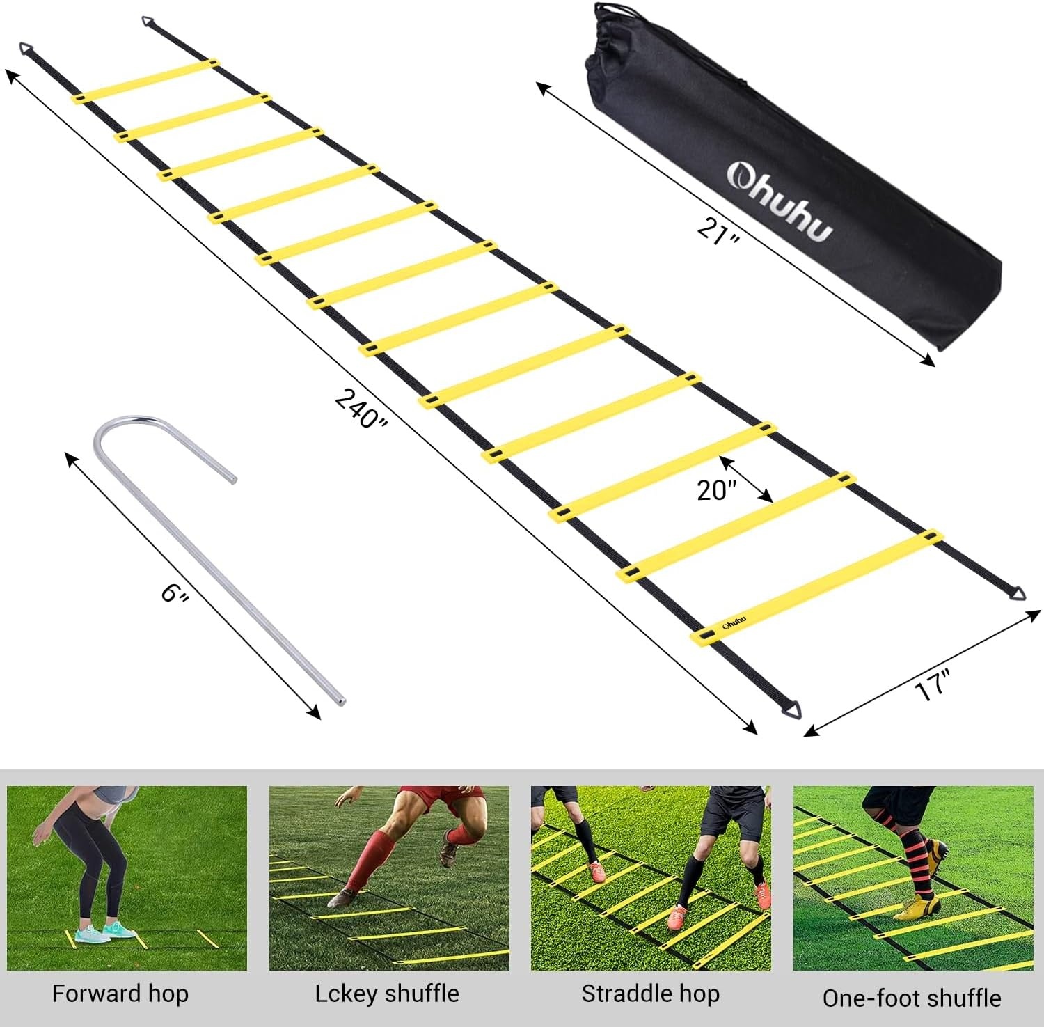 image:imageOhuhu Agility Ladder Speed Training Set 12 Rung 20ft Exercise Ladders with Ground Stakes for Soccer Football Boxing Footwork Sports Fitness Training Ladder with Carry Bag