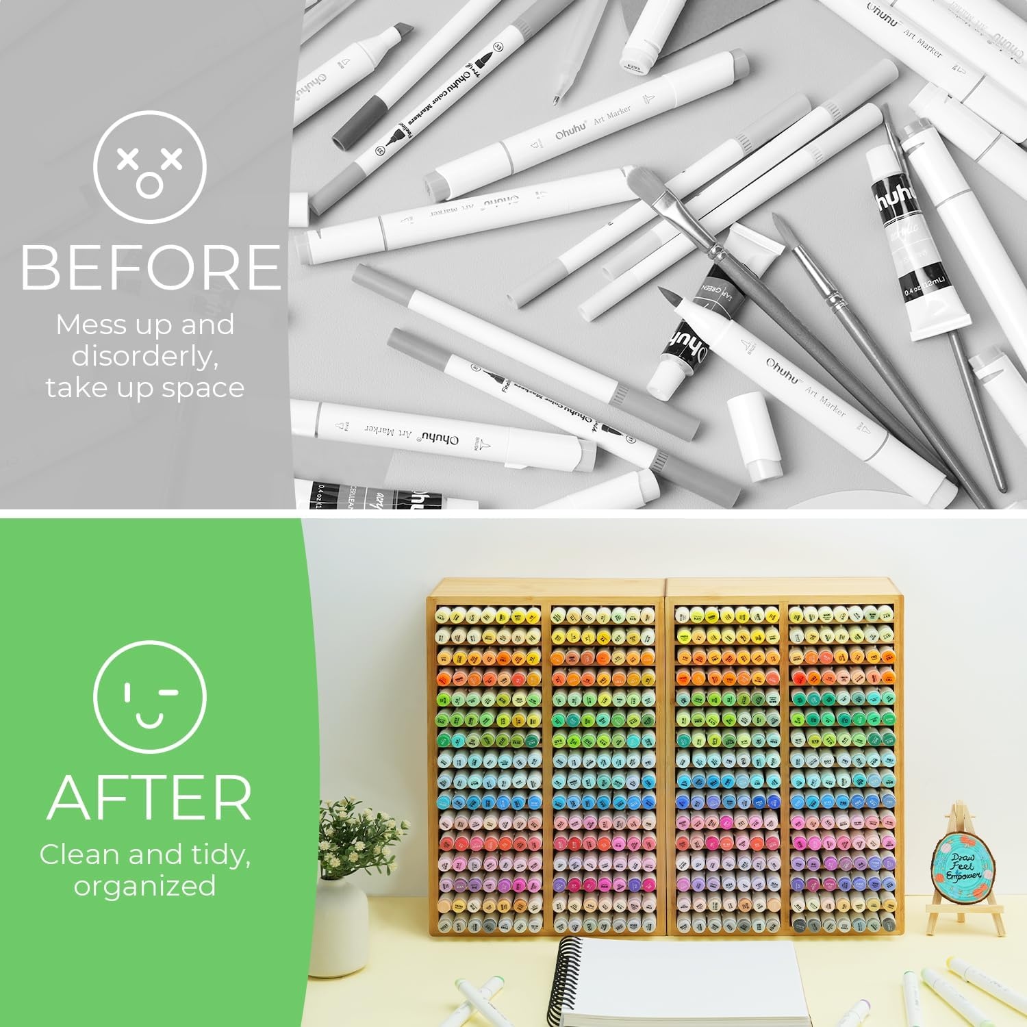 image:imageOhuhu Bamboo Marker Organizer Wooden Desktop Storage Hold 126 Markers Pens Pencils Art Brushes Stationary Organizer Pencil Holder with 18 Compartments for Home Classroom Office DecorRounded Corner Hold 224 Markers