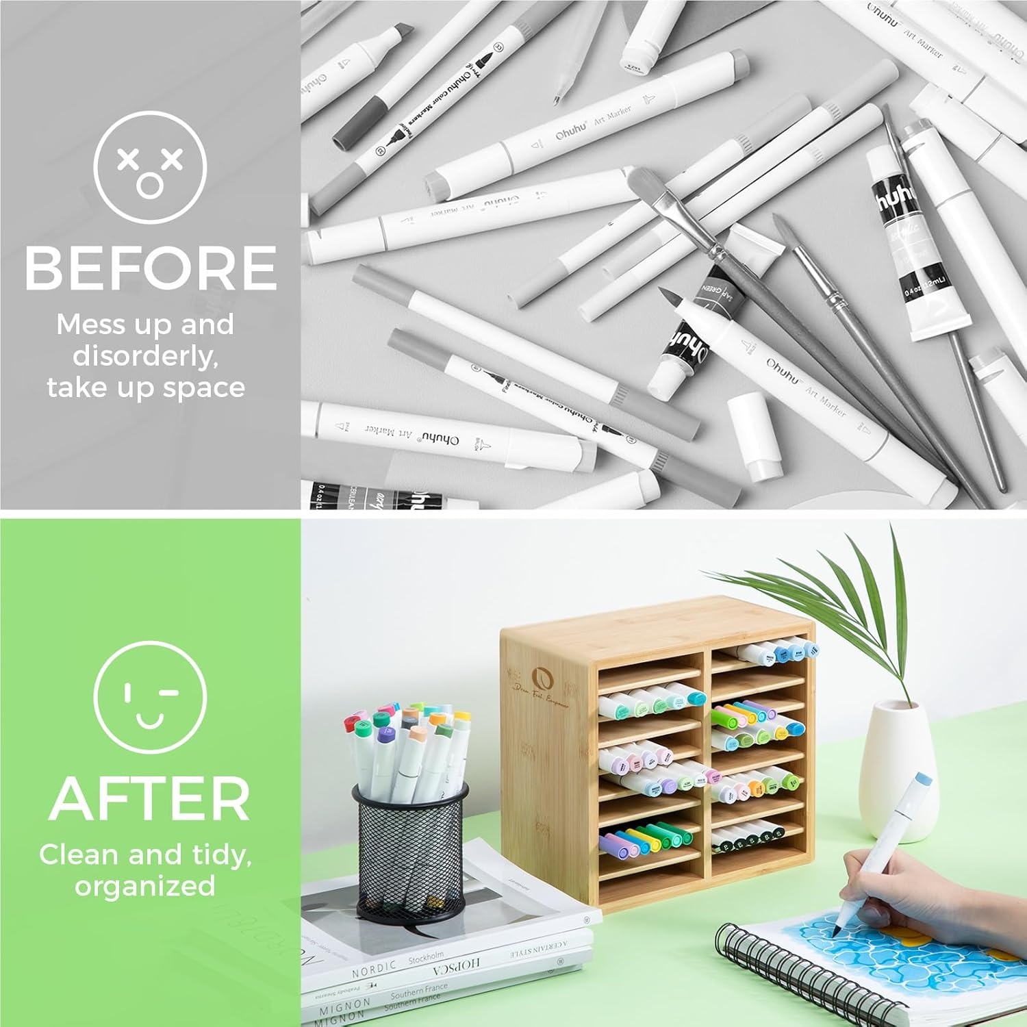 image:imageOhuhu Bamboo Marker Organizer Wooden Desktop Storage Hold 126 Markers Pens Pencils Art Brushes Stationary Organizer Pencil Holder with 18 Compartments for Home Classroom Office DecorRounded Corner Hold 126 Markers