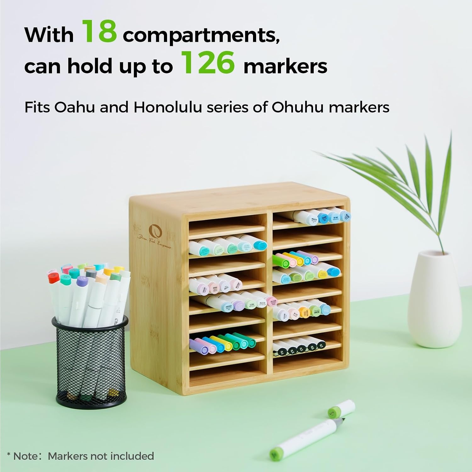 image:imageOhuhu Bamboo Marker Organizer Wooden Desktop Storage Hold 126 Markers Pens Pencils Art Brushes Stationary Organizer Pencil Holder with 18 Compartments for Home Classroom Office DecorRounded Corner Hold 126 Markers