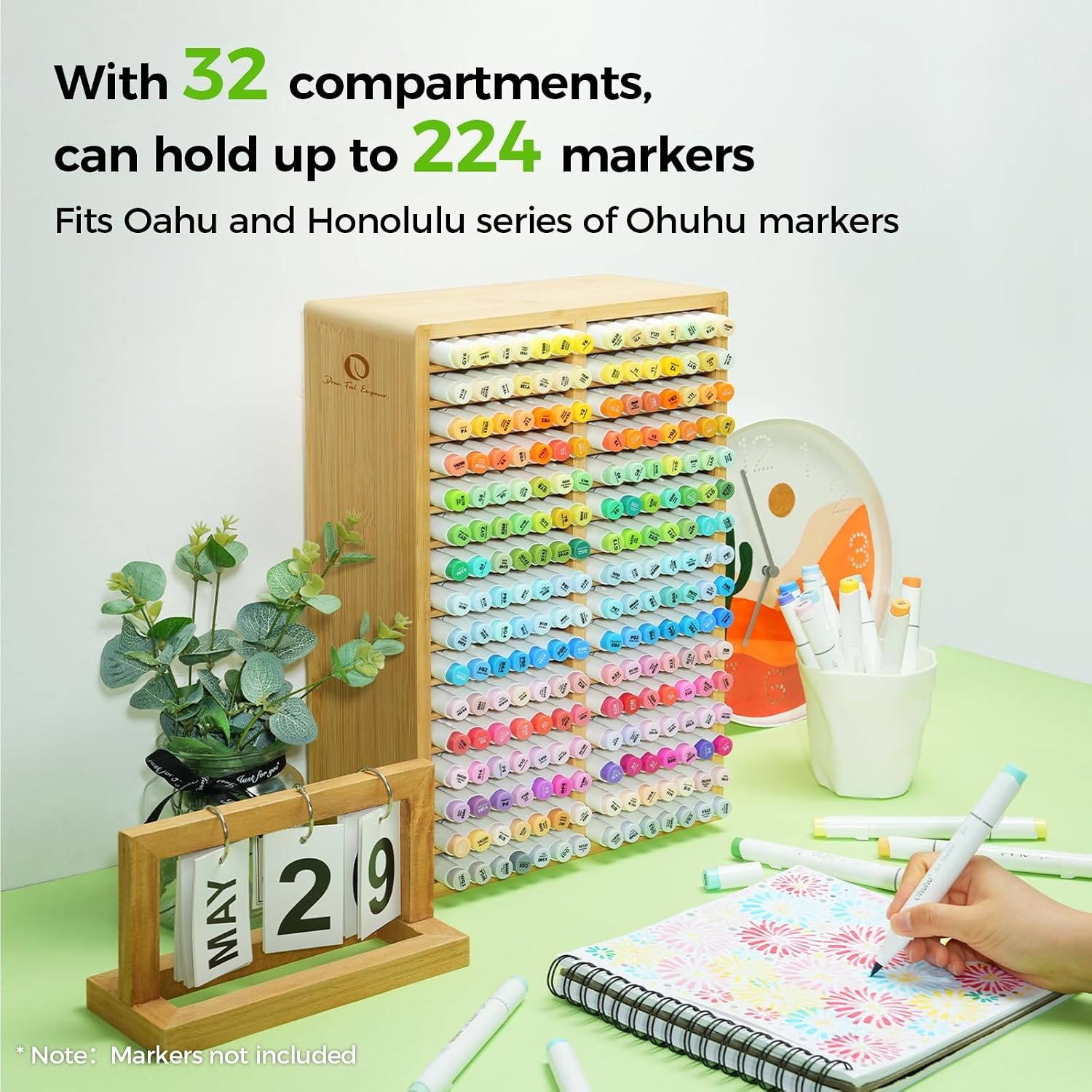 image:imageOhuhu Bamboo Marker Organizer Wooden Desktop Storage Hold 126 Markers Pens Pencils Art Brushes Stationary Organizer Pencil Holder with 18 Compartments for Home Classroom Office DecorRounded Corner Hold 224 Markers