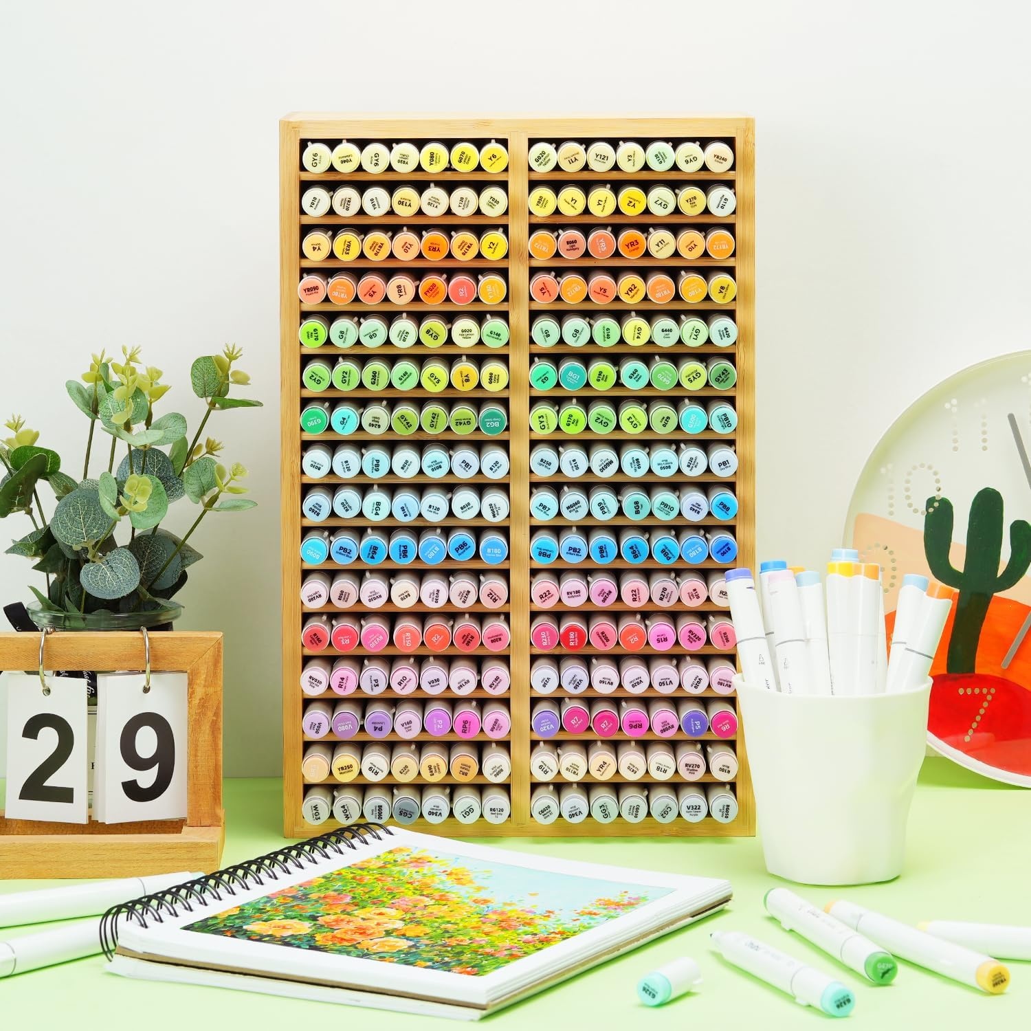 image:imageOhuhu Bamboo Marker Organizer Wooden Desktop Storage Hold 126 Markers Pens Pencils Art Brushes Stationary Organizer Pencil Holder with 18 Compartments for Home Classroom Office DecorRight Angle Hold 224 Markers