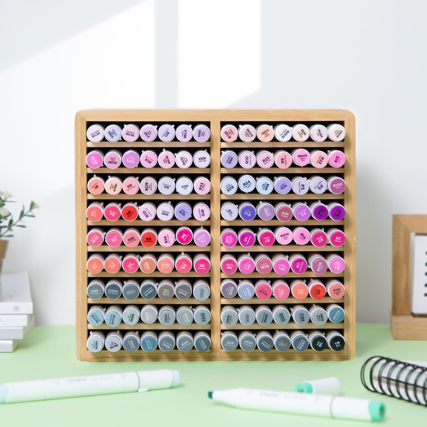 image:imageOhuhu Bamboo Marker Organizer Wooden Desktop Storage Hold 126 Markers Pens Pencils Art Brushes Stationary Organizer Pencil Holder with 18 Compartments for Home Classroom Office DecorRounded Corner Hold 126 Markers